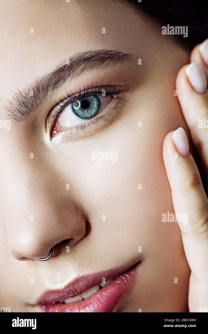 Close up beauty portrait of woman with perfect skin. Stock Photo