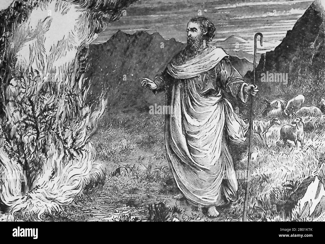 USA: 'Moses and the Burning Bush'. Illustration from the Holman Bible, 1890.  The burning bush is an object described by the Book of Exodus (3:1-21) as being located on Mount Sinai; according to the narrative, the bush was on fire, but was not consumed by the flames, hence the name.  In the narrative, the burning bush is the location at which Moses was appointed by God to lead the Israelites out of Egypt and into Canaan. Stock Photo