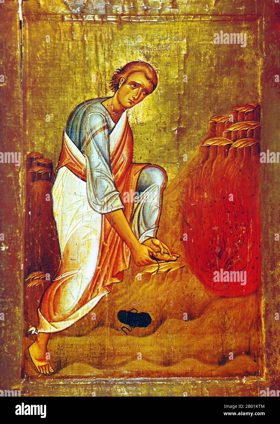 Egypt: 'Moses and the Burning Bush'. Sacred icon from St Catherine's Monastery, Sinai, 12th or 13th century.  The burning bush is an object described by the Book of Exodus (3:1-21) as being located on Mount Sinai; according to the narrative, the bush was on fire, but was not consumed by the flames, hence the name.  In the narrative, the burning bush is the location at which Moses was appointed by God to lead the Israelites out of Egypt and into Canaan. Stock Photo