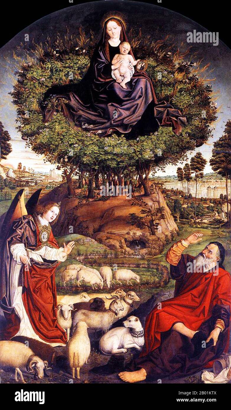 France: 'Moses and the Burning Bush'. Oil on wood painting by Nicolas Froment (c. 1435-1486), Cathedral of the Holy Saviour, Aix-en-Provence, 1476.  The burning bush is an object described by the Book of Exodus (3:1-21) as being located on Mount Sinai; according to the narrative, the bush was on fire, but was not consumed by the flames, hence the name.  In the narrative, the burning bush is the location at which Moses was appointed by God to lead the Israelites out of Egypt and into Canaan. Stock Photo