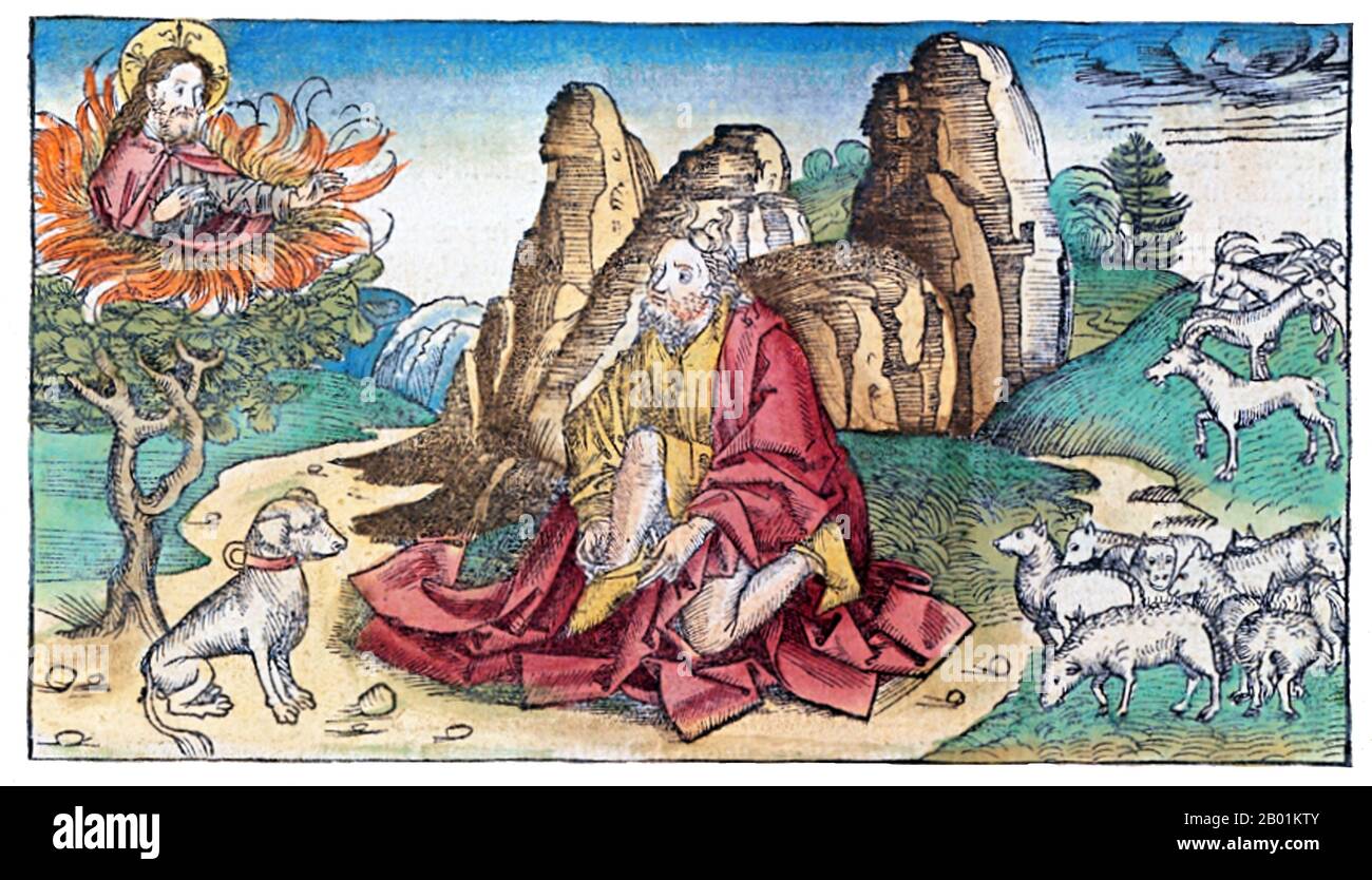 Germany: 'Moses and the Burning Bush'. Woodcut print by Michael Wolgemut (1434 - 30 November 1519) from the Nuremberg Chronicle, 1493.  The burning bush is an object described by the Book of Exodus (3:1-21) as being located on Mount Sinai; according to the narrative, the bush was on fire, but was not consumed by the flames, hence the name.  In the narrative, the burning bush is the location at which Moses was appointed by God to lead the Israelites out of Egypt and into Canaan. Stock Photo