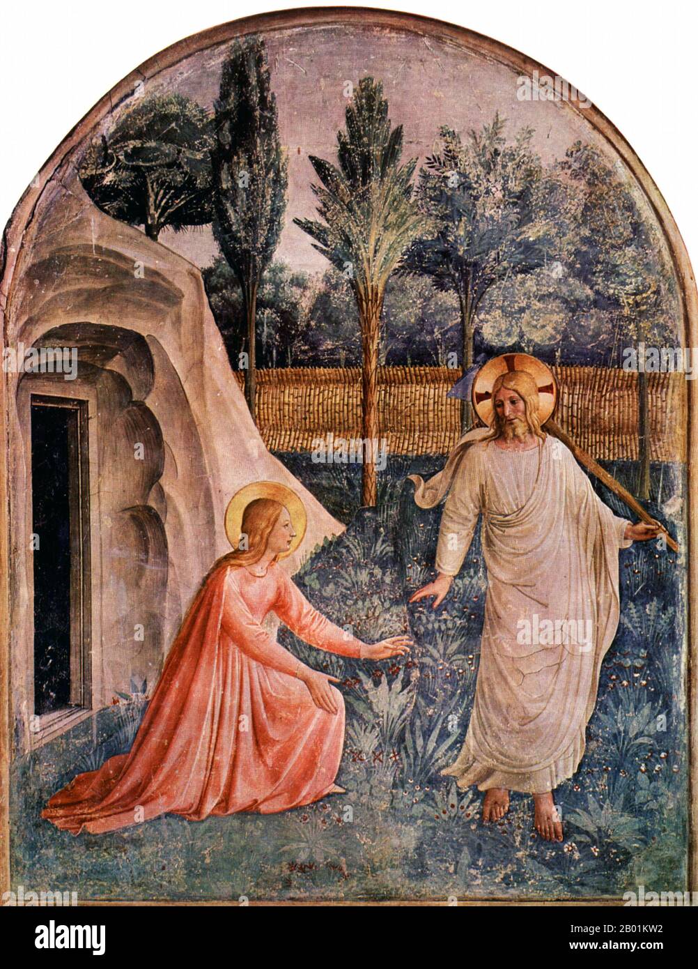 Italy: 'Noli Me Tangere (Touch Me Not)'. Fresco by Fra Angelico (c. 1395 - 18 February 1455), c. 1439-1443.  The appearance of Christ to Mary Magdalene.  Mary Magdalene was one of Jesus' most celebrated disciples, and the most important woman disciple in the movement of Jesus. Jesus cleansed her of 'seven demons', [Luke 8:2] [Mark 16:9] conventionally interpreted as referring to complex illnesses. She became most prominent during his last days, being present at the cross after the male disciples (excepting John the Beloved) had fled, and at his burial. Stock Photo