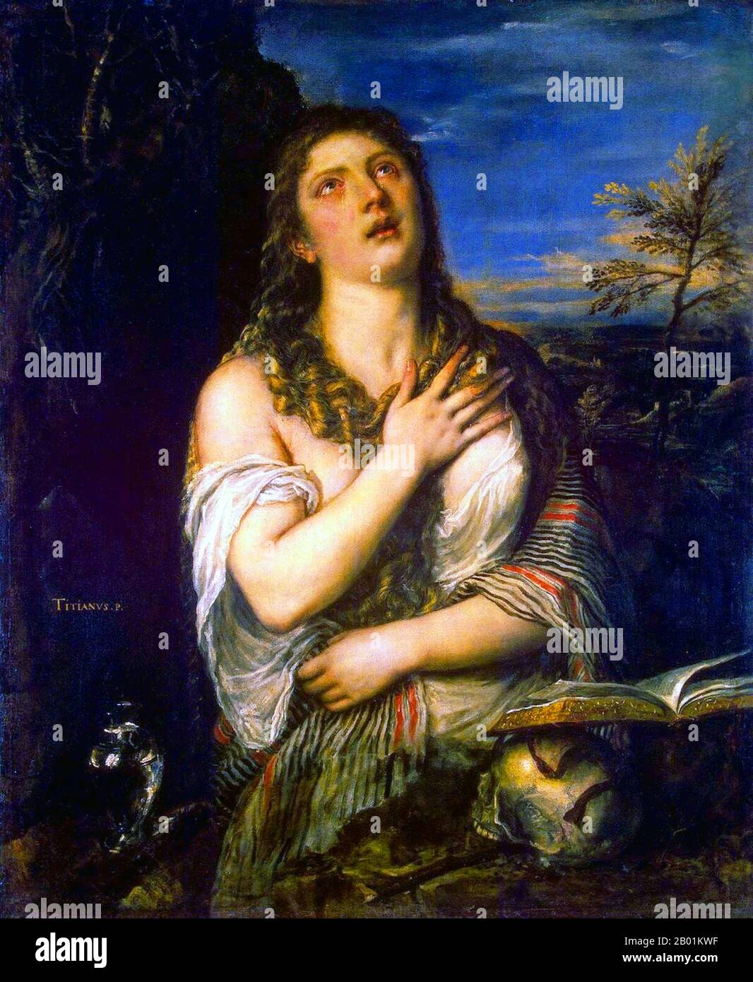Italy: 'Repentant Mary Magdalene'. Oil on canvas painting by Titian (1490 - 27 August 1576), c. 1565.  Mary Magdalene was one of Jesus' most celebrated disciples, and the most important woman disciple in the movement of Jesus. Jesus cleansed her of 'seven demons', [Luke 8:2] [Mark 16:9] conventionally interpreted as referring to complex illnesses. She became most prominent during his last days, being present at the cross after the male disciples (excepting John the Beloved) had fled, and at his burial. She was the first person to see Jesus after his Resurrection. Stock Photo
