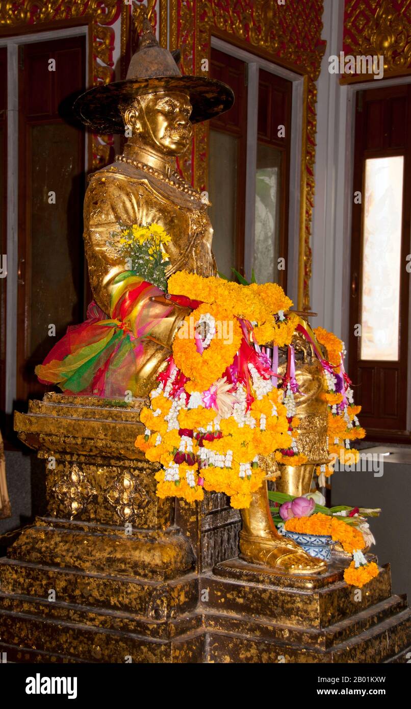 Thailand: King Taksin shrine, Rayong, Rayong Province.  King Taksin (Somdet Phra Chao Taksin Maharat; 17 April 1734 - 7 April 1782) was the only King of the Thonburi Kingdom. He is greatly revered by the Thai people for his leadership in liberating Siam from Burmese occupation after the Second Fall of Ayutthaya in 1767, and the subsequent unification of Siam after it fell under various warlords.  King Taksin established Thonburi as his new capital, since Ayutthaya had been almost completely destroyed by the Burmese. His reign was characterised by numerous wars, fought to repel the Burmese. Stock Photo