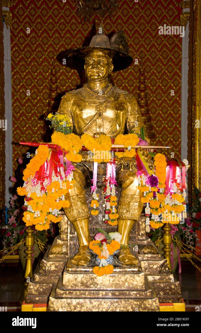 Thailand: King Taksin shrine, Rayong, Rayong Province.  King Taksin (Somdet Phra Chao Taksin Maharat; 17 April 1734 - 7 April 1782) was the only King of the Thonburi Kingdom. He is greatly revered by the Thai people for his leadership in liberating Siam from Burmese occupation after the Second Fall of Ayutthaya in 1767, and the subsequent unification of Siam after it fell under various warlords.  King Taksin established Thonburi as his new capital, since Ayutthaya had been almost completely destroyed by the Burmese. His reign was characterised by numerous wars, fought to repel the Burmese. Stock Photo