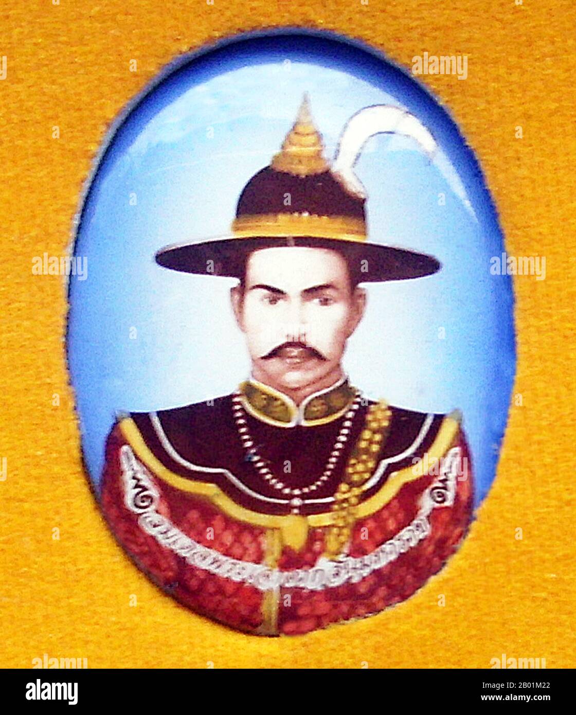 Thailand: King Taksin the Great (17 April 1734 - 7 April 1782), King of Siam (r. 1768-1782), represented on an amulet for sale at Sanam Luang, Bangkok, in 2010.  Taksin (Somdet Phra Chao Taksin Maharat) was the only King of the Thonburi Kingdom.  He is greatly revered by the Thai people for his leadership in liberating Siam from Burmese occupation after the Second Fall of Ayutthaya in 1767, and the subsequent unification of Siam after it fell under various warlords. He established the city Thonburi as the new capital, as the city Ayutthaya had been almost completely destroyed by the invaders. Stock Photo