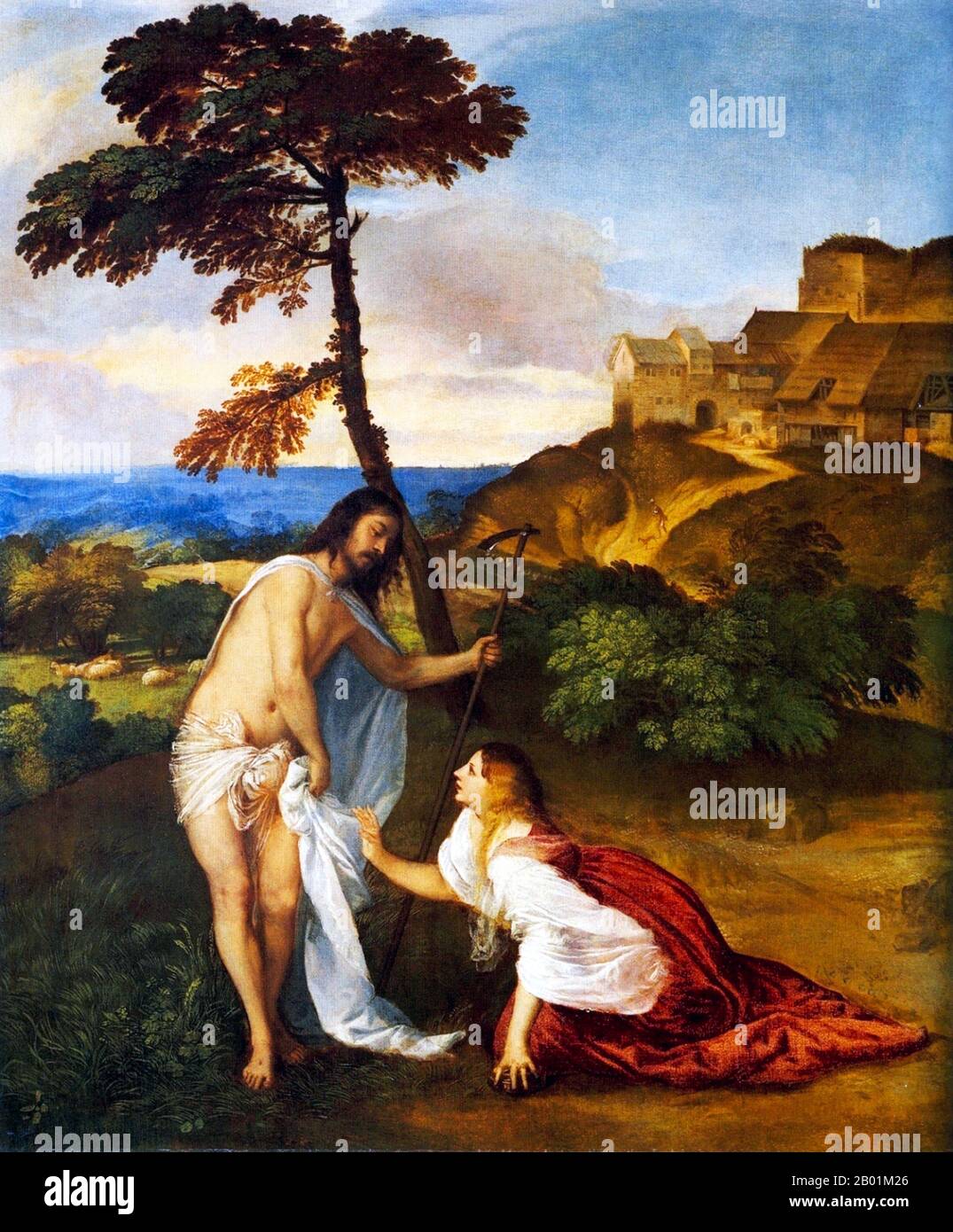Italy: 'Christ and Mary Magdalene (Noli Me Tangere)'. Oil on canvas painting by Titian (1490 - 27 August 1576), c. 1512.  Mary Magdalene was one of Jesus' most celebrated disciples, and the most important woman disciple in the movement of Jesus. Jesus cleansed her of 'seven demons', [Luke 8:2] [Mark 16:9] conventionally interpreted as referring to complex illnesses. She became most prominent during his last days, being present at the cross after the male disciples (excepting John the Beloved) had fled, and at his burial. She was the first person to see Jesus after his Resurrection. Stock Photo