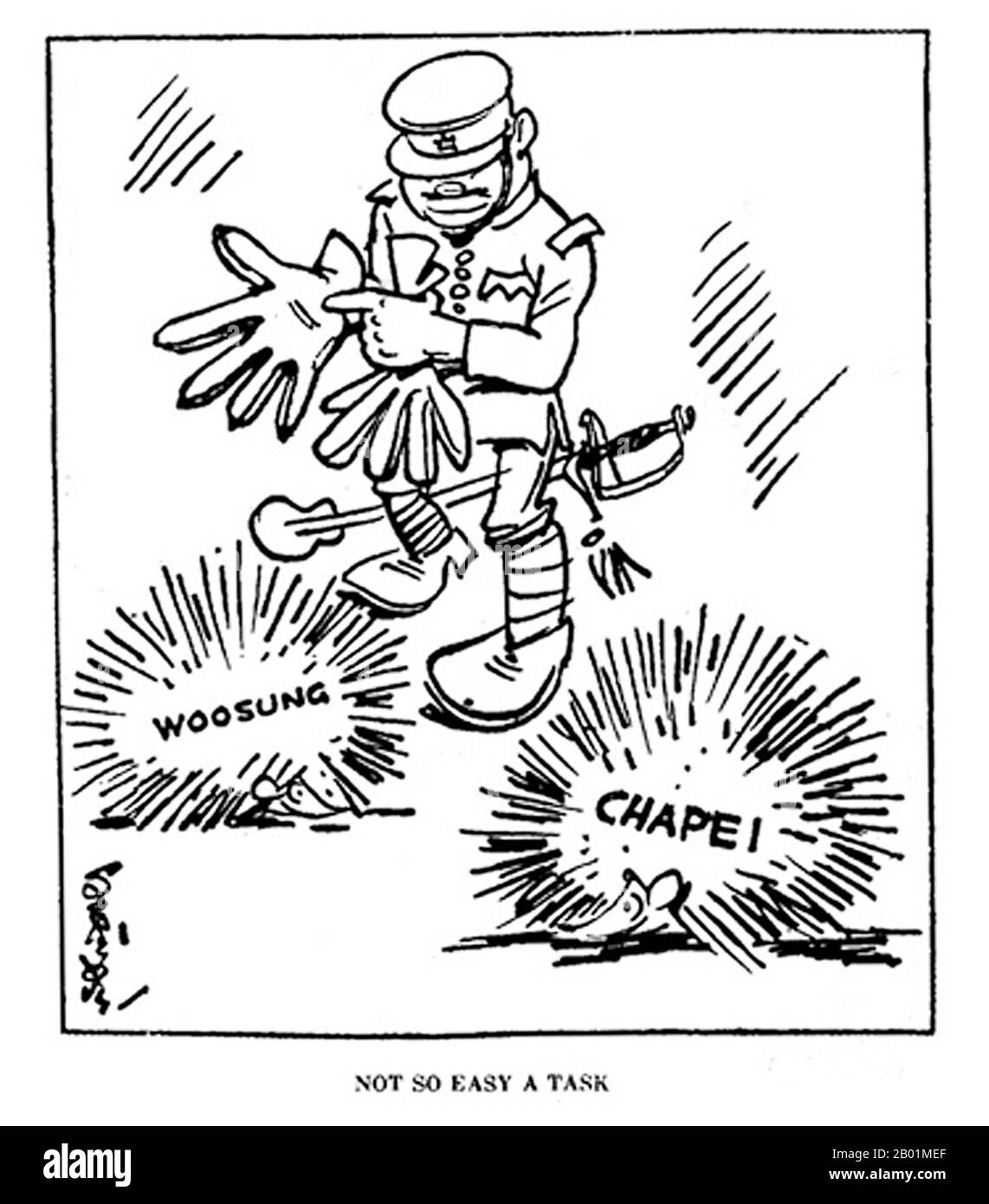 China: Japanese militarism in the Shanghai suburbs of Woosung and Chapei. A cartoon by 'Sapajou' Georgii Sapojnikoff (1893-1949), White Russian exile and cartoonist at the North China Daily News, Shanghai, 1925-1940.  Sapajou was the artistic nom de plume of Georgii Avksentievich Sapojnikoff, one-time Lieutenant of the Russian Imperial Army. He was a graduate of the Aleksandrovskoe Military School in Moscow, and saw action in World War I, in which he was gravely wounded. As a result of his wounds, which left him with a pronounced limp for the rest of his life, he was invalided out of the army. Stock Photo