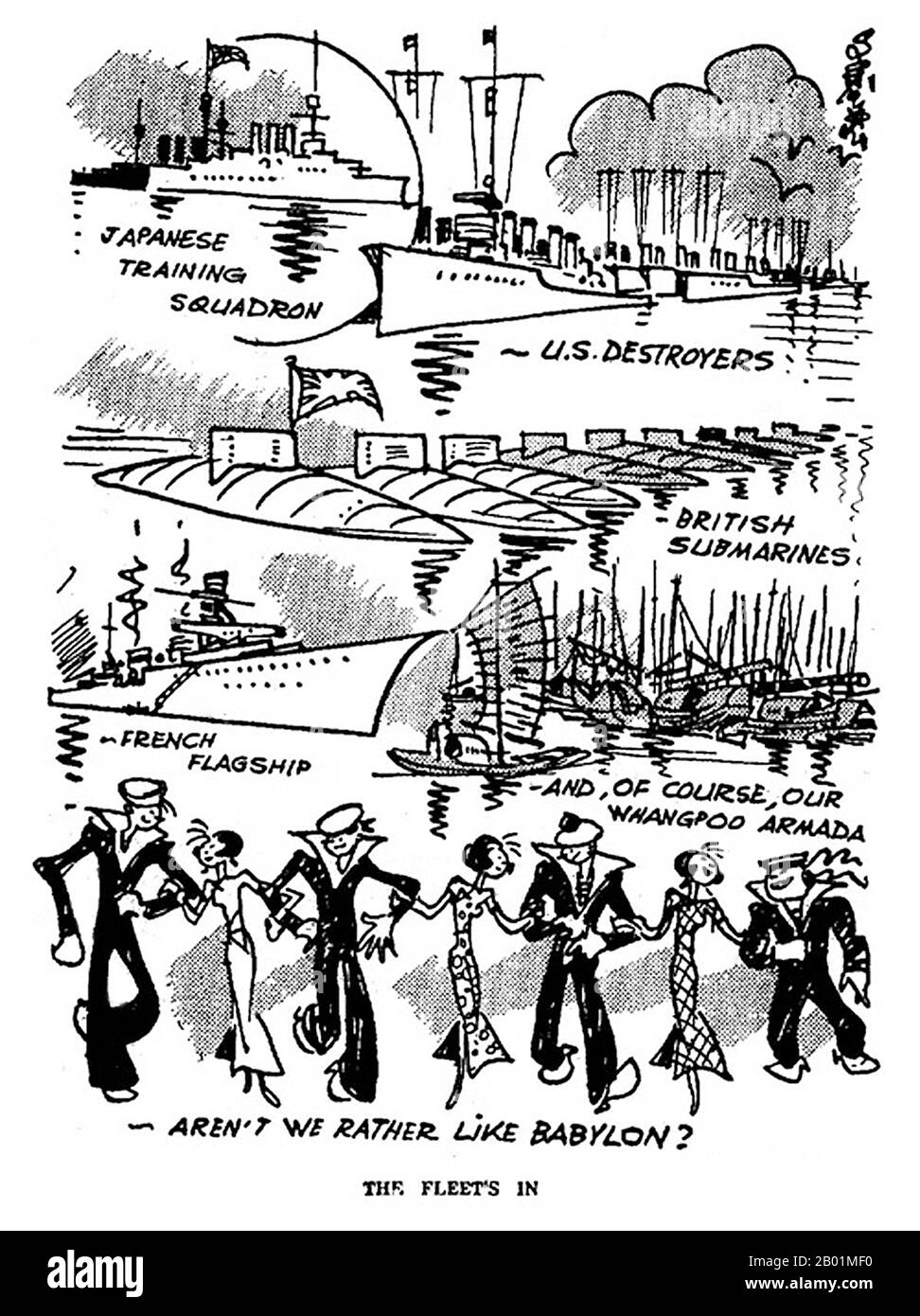 China: 'Aren't we rather like Babylon?' Shanghai in the 1930s. A cartoon by 'Sapajou' Georgii Sapojnikoff (1893-1949), White Russian exile and cartoonist at the North China Daily News, Shanghai, 1930s.  Sapajou was the artistic nom de plume of Georgii Avksentievich Sapojnikoff, one-time Lieutenant of the Russian Imperial Army. He was a graduate of the Aleksandrovskoe Military School in Moscow, and saw action in World War I, in which he was gravely wounded. As a result of his wounds, which left him with a pronounced limp for the rest of his life, he was invalided out of the army. Stock Photo