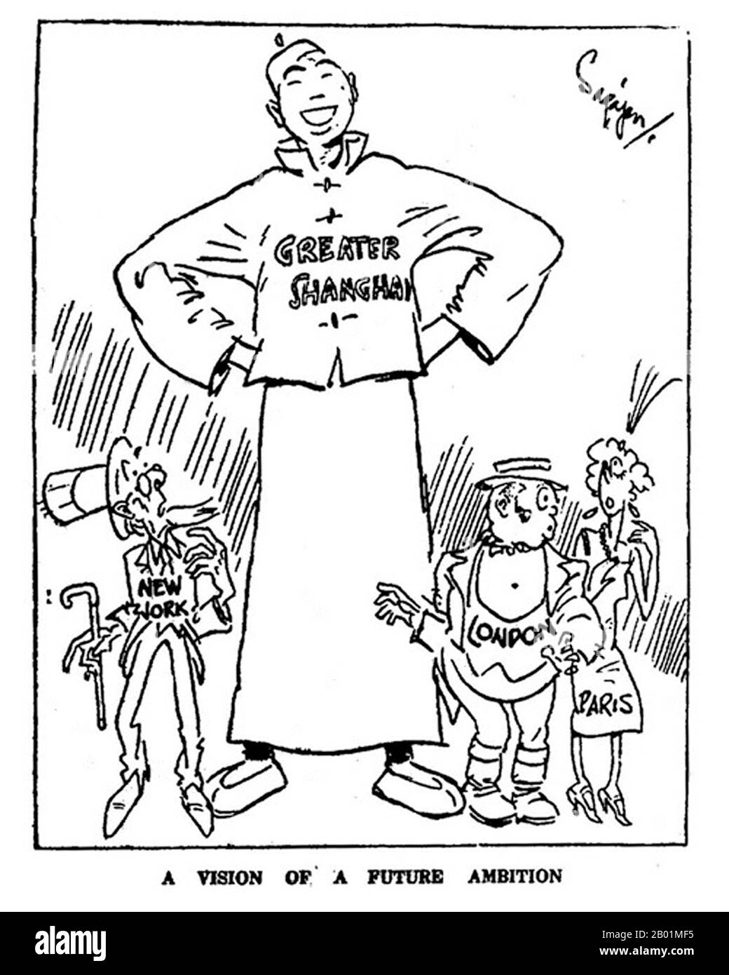 China: Greater Shanghai, 'a vision of future ambition'. A cartoon by 'Sapajou' Georgii Sapojnikoff (1893-1949), White Russian exile and cartoonist at the North China Daily News, Shanghai, 1925-1940.  Sapajou was the artistic nom de plume of Georgii Avksentievich Sapojnikoff, one-time Lieutenant of the Russian Imperial Army. He was a graduate of the Aleksandrovskoe Military School in Moscow, and saw action in World War I, in which he was gravely wounded. As a result of his wounds, which left him with a pronounced limp for the rest of his life, he was invalided out of the army. Stock Photo