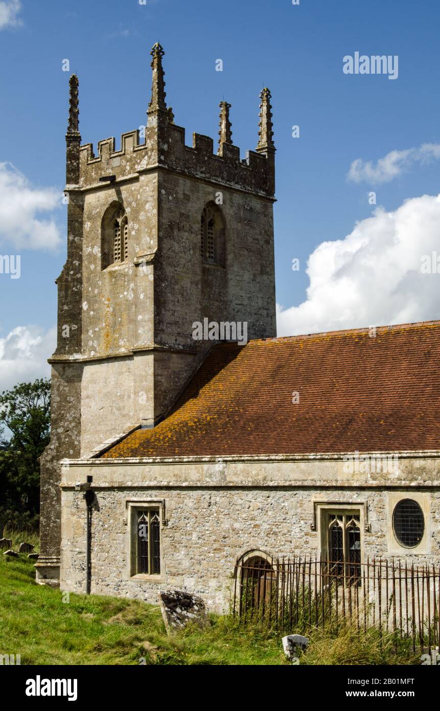 View of the church of Saint Giles, Imber, Wiltshire.  The village is usually closed to visitors as it is in the middle of the Salisbury Plain military Stock Photo