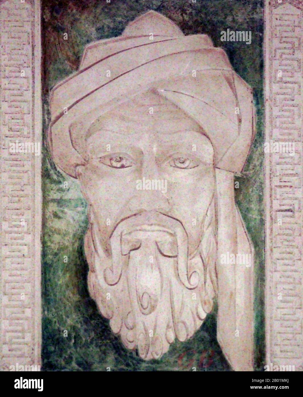 Iran/Uzbekistan: Al Khwarizmi (780-850), Persian mathematician, astronomer and geographer. A representation in the Museum of Ancient Khorezm, Khiva. Photo by Euyasik (CC BY-SA 3.0 License).  Abū ʿAbdallāh Muḥammad ibn Mūsā al-Khwārizmī, earlier transliterated as Algoritmi or Algaurizin, was a Persian mathematician, astronomer and geographer, a scholar in the House of Wisdom in Baghdad.  In the twelfth century, Latin translations of his work on the Indian numerals introduced the decimal positional number system to the Western world. Stock Photo