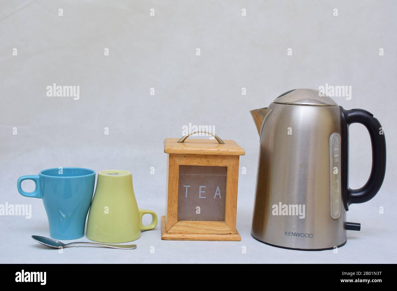 Mockup Design Set Of Colorful Tea Or Coffee Ceramic Mug Beside Wooden Tea Kitchen Box And Stainless Steel Kettle Template For Branding Identity Stock Photo Alamy