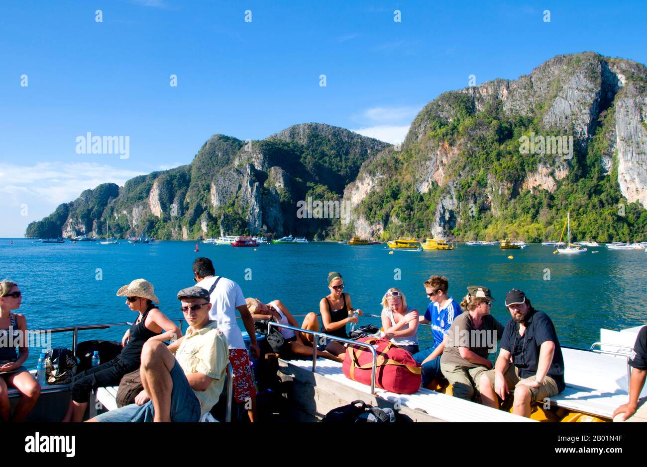 Thailand tourists on the krabi phi phi ferry at the busy pier in