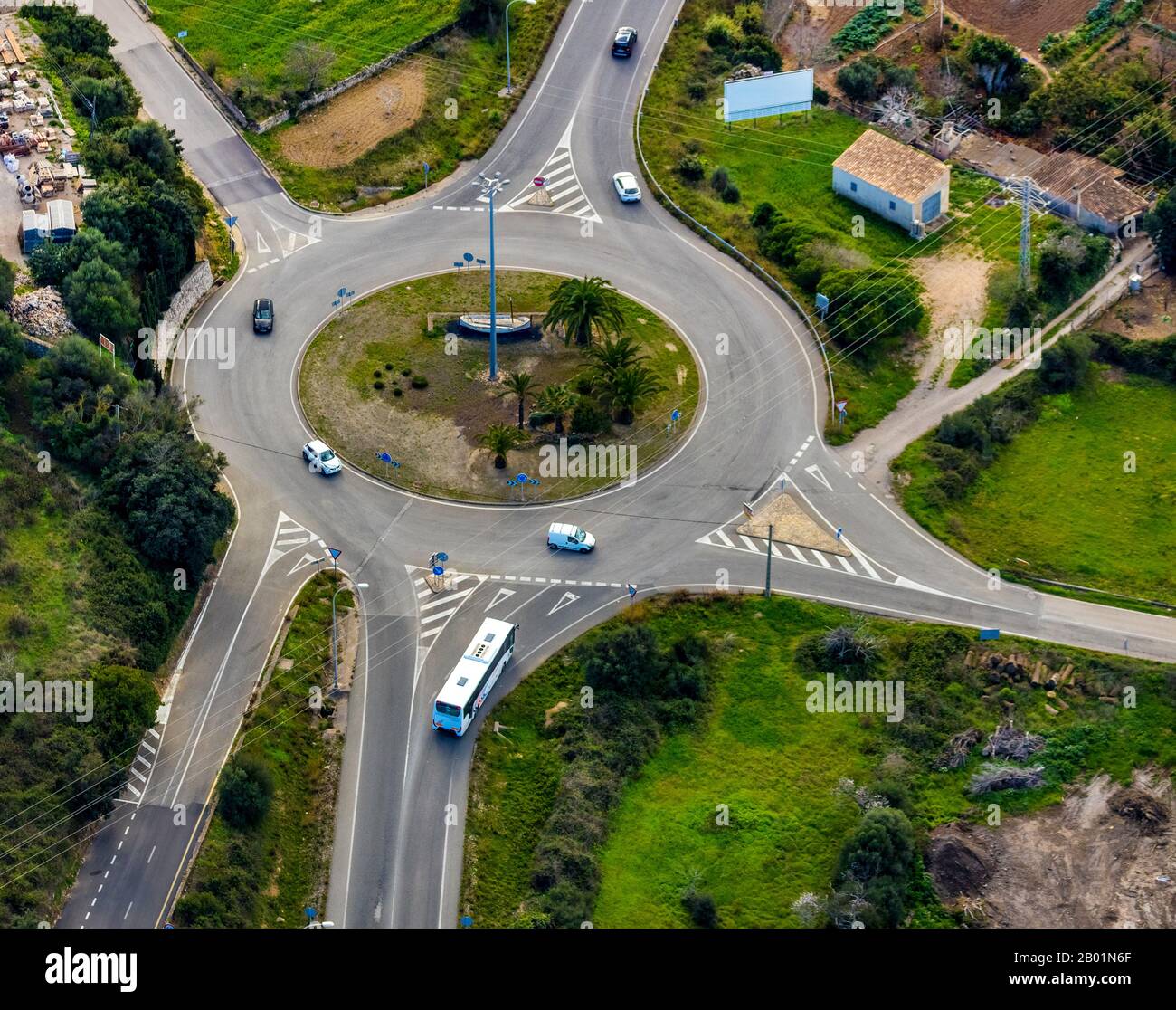 roundabout at Capdepera with palms, 09.01.2020, aerial view, Spain, Balearic Islands, Majorca, Capdepera Stock Photo