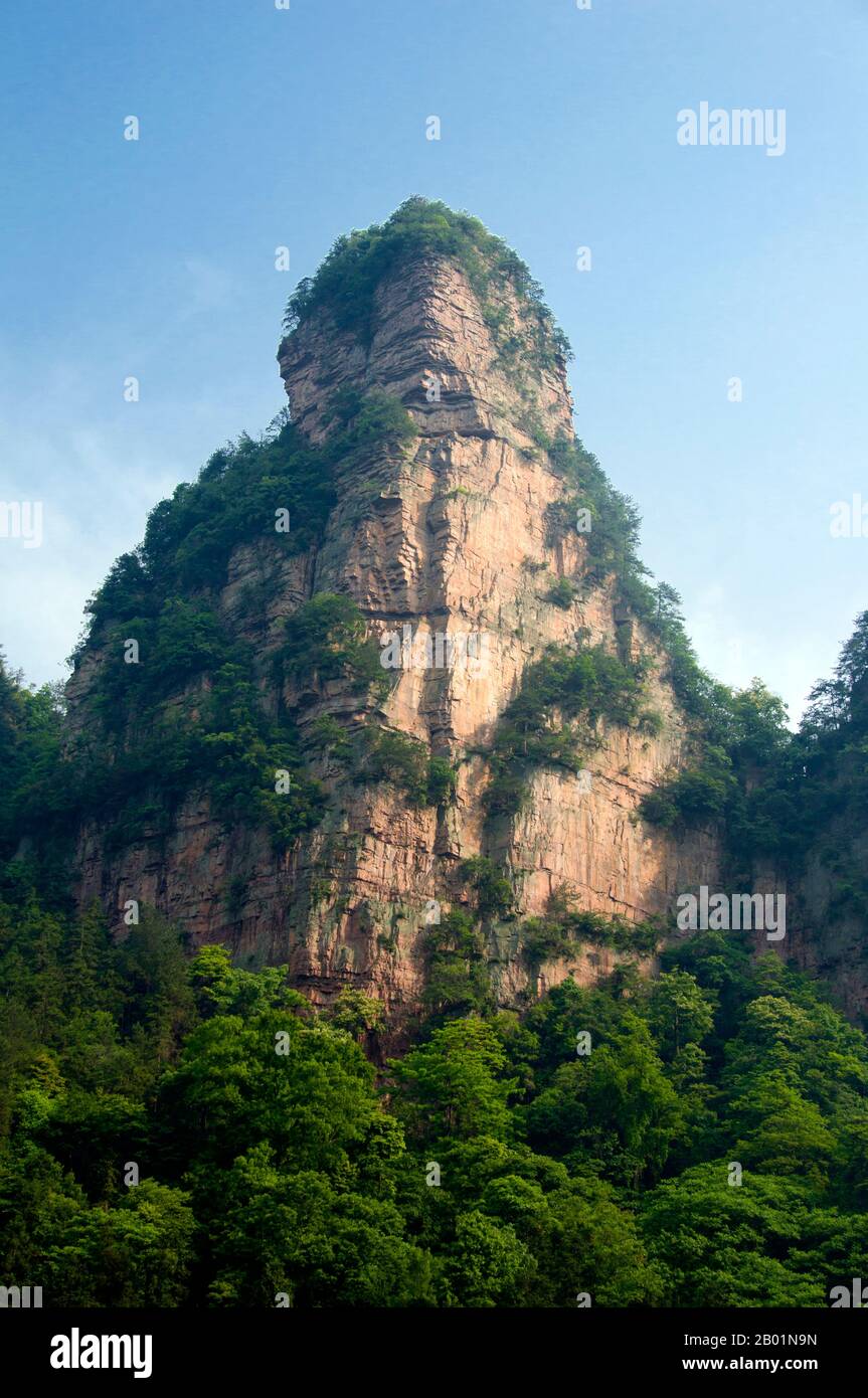 China: Quartzite sandstone pillar, Wulingyuan Scenic Area (Zhangjiajie), Hunan Province.  Wulingyuan Scenic Reserve is a scenic and historic interest area in Hunan Province. It is noted for its approximately 3,100 tall quartzite sandstone pillars, some of which are over 800 metres (2,600 ft) in height and are a type of karst formation. In 1992 it was designated a UNESCO World Heritage Site. Stock Photo