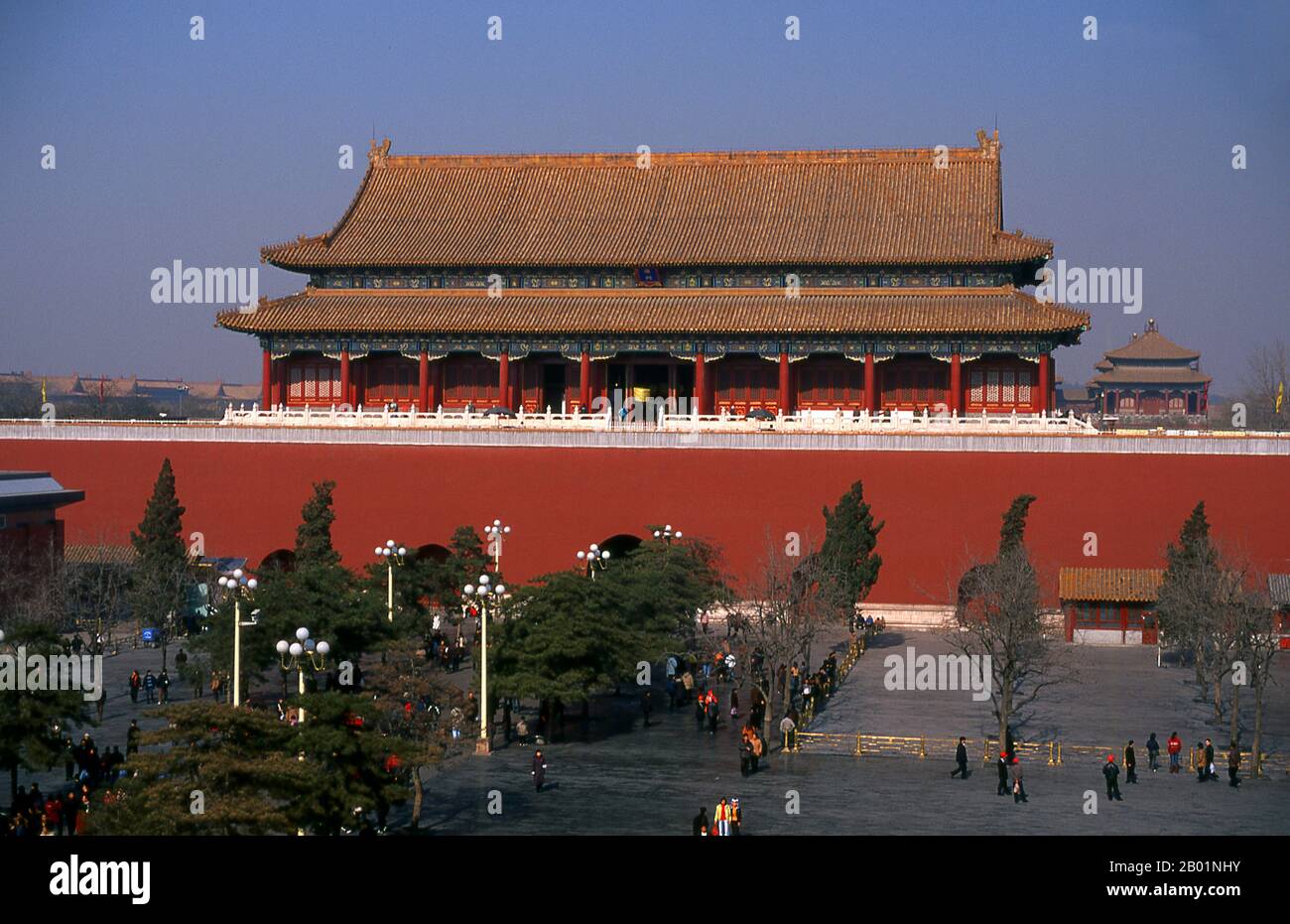 The Duanmen (Upright Gate) sits between Tiananmen (Gate of Heavenly Peace) and Wumen (Meridian Gate), the main entrance to the Forbidden City. The gate was built in 1420 during the Ming Dynasty (1368 - 1644).  The Forbidden City, built between 1406 and 1420, served for 500 years (until the end of the imperial era in 1911) as the seat of all power in China, the throne of the Son of Heaven and the private residence of all the Ming and Qing dynasty emperors. The complex consists of 980 buildings with 8,707 bays of rooms and covers 720,000 m2 (7,800,000 sq ft). Stock Photo