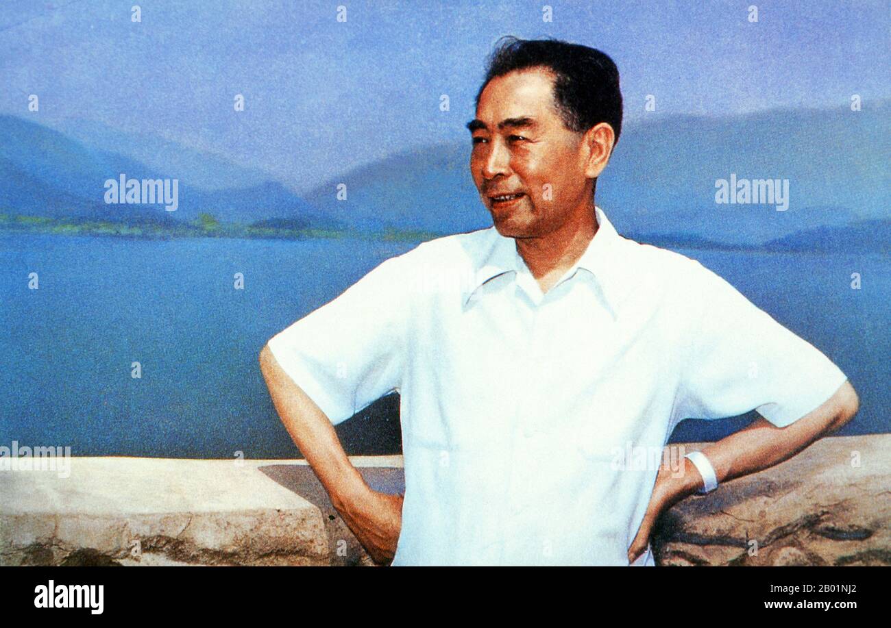 China: Zhou Enlai (5 March 1898 - 8 January 1976) at Huairou Reservoir, Beijing, August 1960.  Zhou Enlai, also pronounced Chou En-lai, was the first Premier of the People's Republic of China, serving from October 1949 until his death in January 1976. Zhou was instrumental in the Communist Party's rise to power, and subsequently in the development of the Chinese economy and restructuring of Chinese society. Stock Photo
