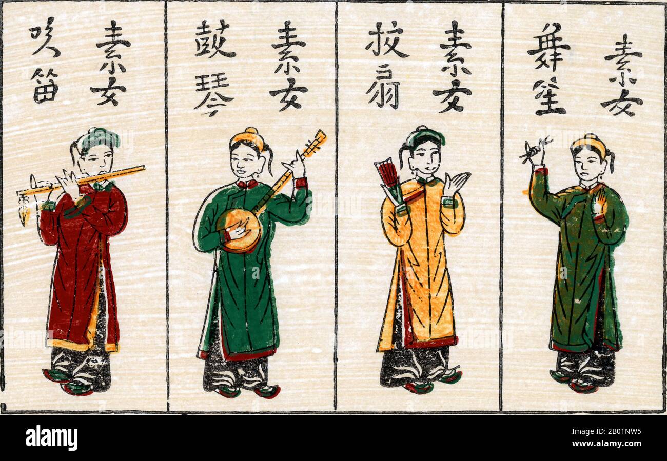 Vietnam: A selection of traditional Vietnamese musical instruments. Traditional woodblock painting from Dong Ho village, Bac Ninh Province, 20th century.  Dong Ho painting (Vietnamese: Tranh Đông Hồ or Tranh làng Hồ), full name Dong Ho folk woodcut painting (Tranh khắc gỗ dân gian Đông Hồ) is a genre of Vietnamese woodcut paintings originating from Dong Ho village (làng Đông Hồ) in Bac Ninh Province, Vietnam.  Using the traditional điệp paper and colours derived from nature, craftsmen print Dong Ho pictures of different themes from good luck wishes, historical figures to everyday activities. Stock Photo