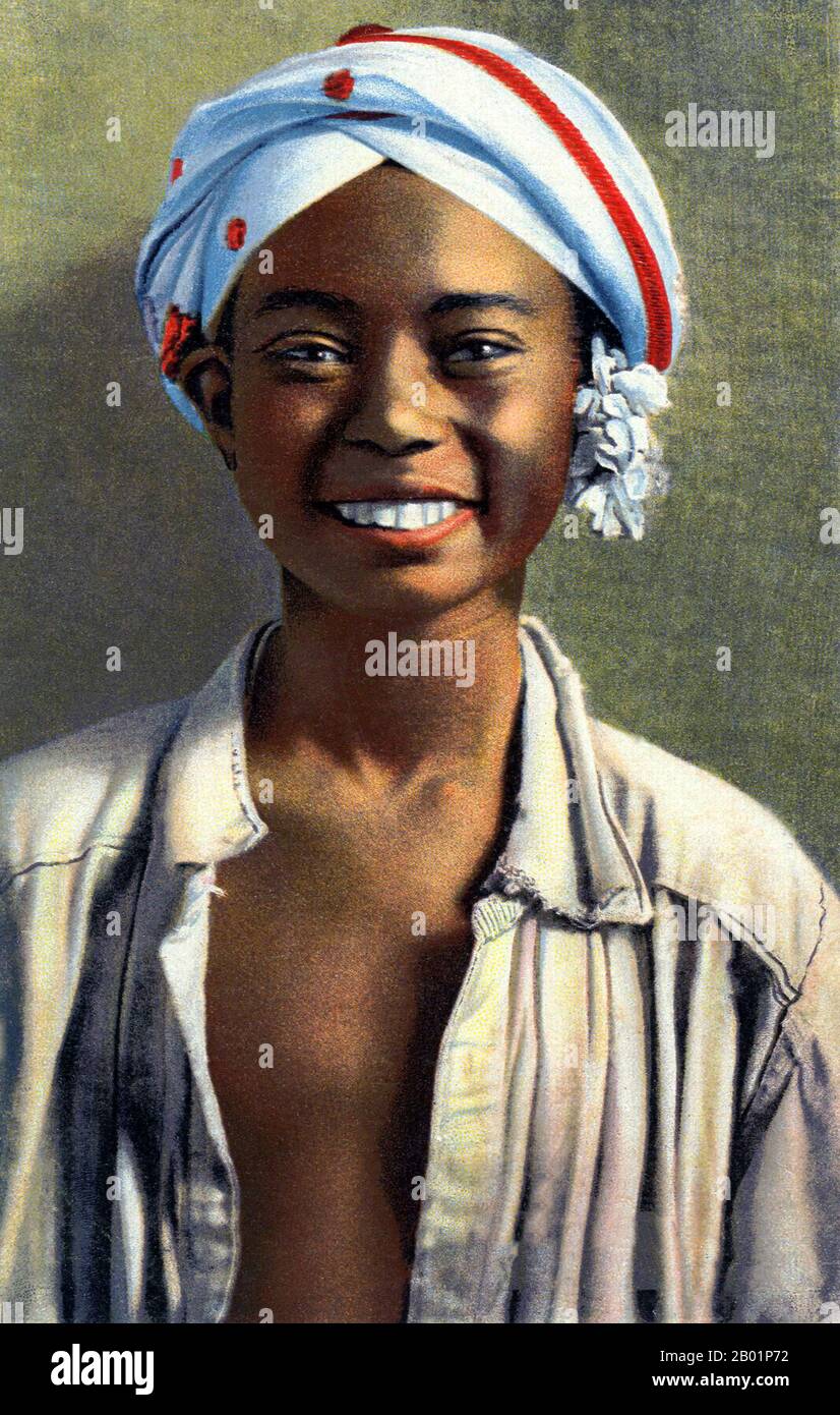 North Africa: Portrait of a young African man ('jeune negre'), Lehnert and Landrock, c. 1920s.  Rudolf Franz Lehnert (Czech) and Ernst Heinrich Landrock (German) had a photographic company based in Tunis, Cairo and Leipzig before World War II. They specialised in somewhat risque Orientalist images of young Arab and Bedouin women, often dancers, and occasionally androgynous young men. Stock Photo