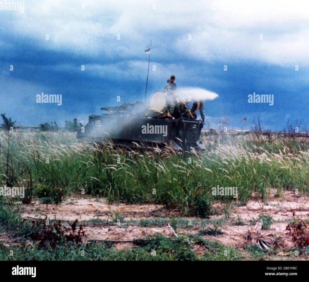 Vietnam: A US Army APC spraying agent orange during Operation Ranch Hand, c. 1965.  Operation Ranch Hand was a U.S. military operation during the Vietnam War; lasting from 1962 until 1971. It was part of the overall herbicidal warfare program during the war called 'Operation Trail Dust'. Ranch Hand involved spraying an estimated 20 million US gallons of defoliants and herbicides over rural areas of South Vietnam in an attempt to deprive the NLF (Viet Cong) of vegetation cover and food. Areas of Laos and Cambodia were also sprayed to a lesser extent. Stock Photo