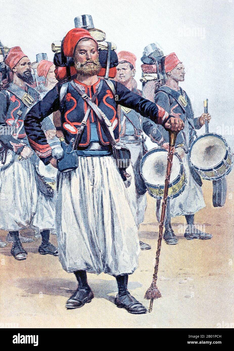 France: French Zouave Drum Major, North Africa. Lithograph by Jean-Baptiste Édouard Detaille (5 October 1848 - 23 December 1912),  1886.  Zouave was the title given to certain light infantry regiments in the French Army, normally serving in French North Africa between 1831 and 1962. The name was also adopted during the 19th century by units in other armies, especially volunteer regiments raised for service in the American Civil War. The chief distinguishing characteristics of such units were the zouave uniform, which included short open-fronted jackets, baggy trousers and oriental headgear. Stock Photo
