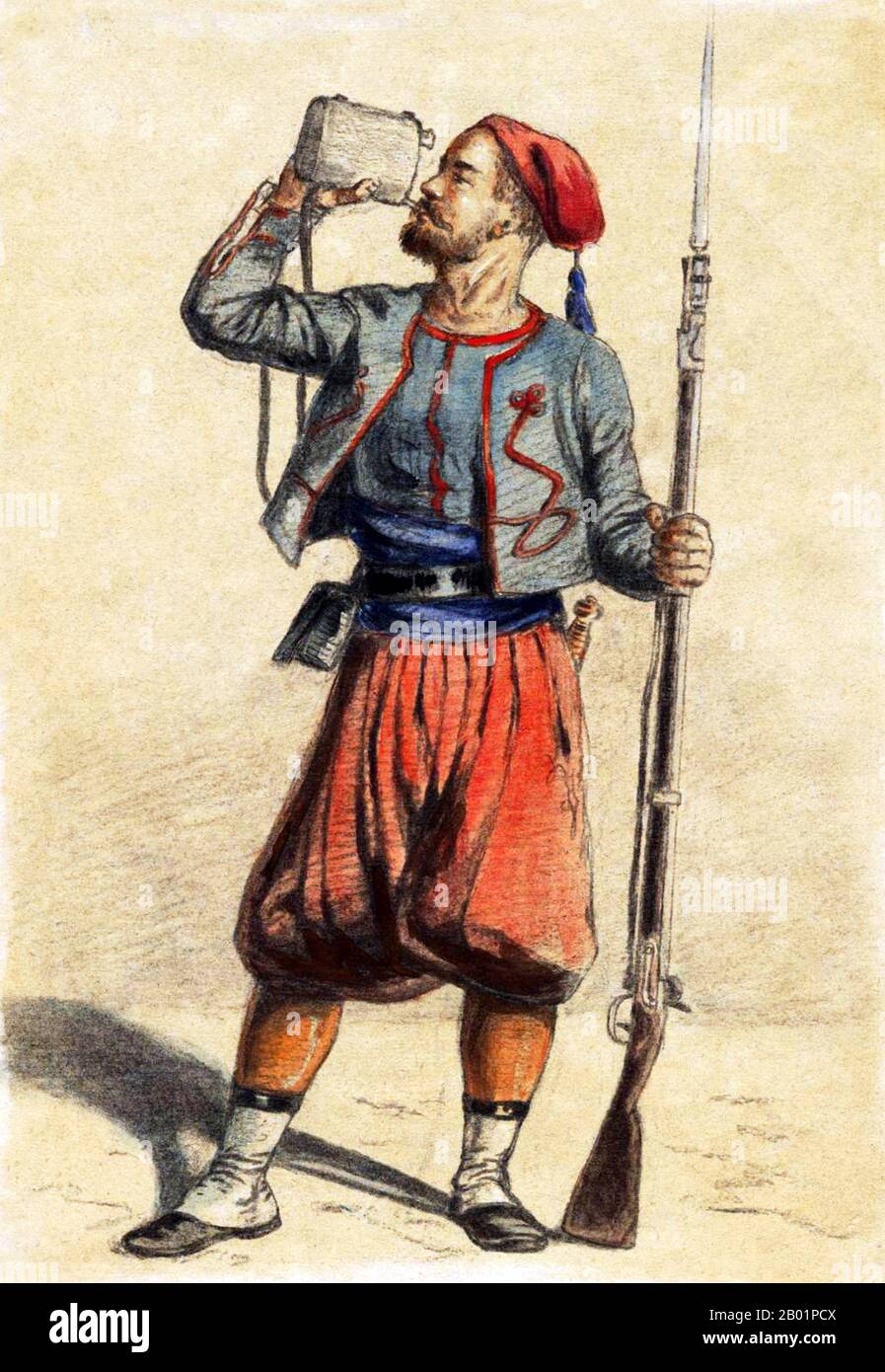 France/Algeria: A French North African Zouave, late 19th century.  Zouave was the title given to certain light infantry regiments in the French Army, normally serving in French North Africa between 1831 and 1962. The name was also adopted during the 19th century by units in other armies, especially volunteer regiments raised for service in the American Civil War. The chief distinguishing characteristics of such units were the zouave uniform, which included short open-fronted jackets, baggy trousers and often sashes and oriental headgear. Stock Photo