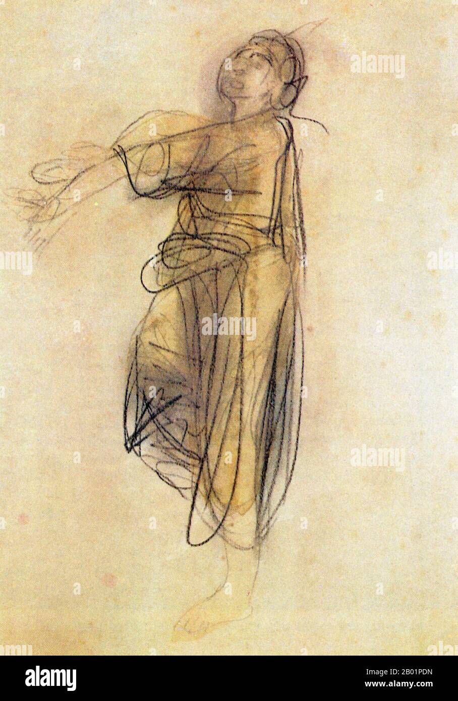 France/Cambodia: A Khmer dancer. From a series of sketches by Auguste Rodin (12 November 1840 - 17 November 1917) of the Cambodian Royal Ballet, 1906  François-Auguste-René Rodin, better known as Auguste Rodin, was a French sculptor. Although Rodin is generally considered the progenitor of modern sculpture, he did not set out to rebel against the past. He was schooled traditionally, took a craftsman-like approach to his work, and desired academic recognition, although he was never accepted into Paris's foremost school of art. Stock Photo