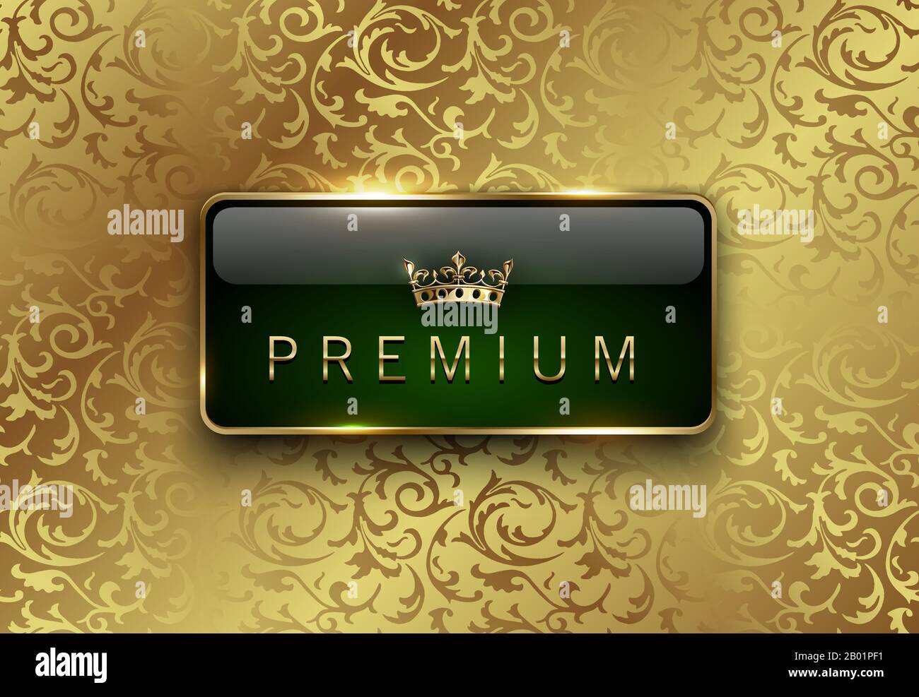 Premium green label with rectangle golden frame crown on gold floral background. Royal glossy vip template. Vector luxury illustration. Vintage Stock Vector