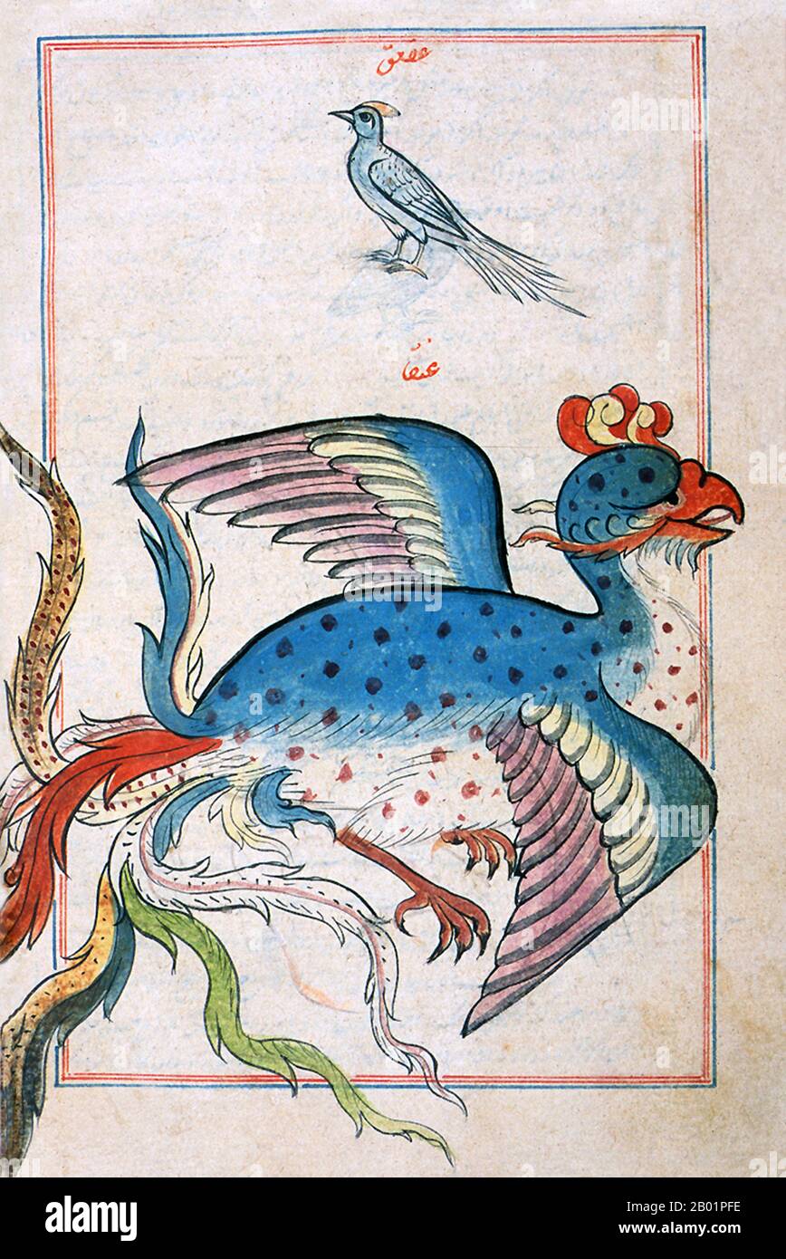 India: A simurgh/phoenix as represented in Zakarīyā ibn Muḥammad al-Qazwīnī's (1203-1283) 'Aja'ib al-Makhluqat' ('The Wonders of Creatures and the Marvels of Creation'), Mughal India, 18th century.  Abu Yahya Zakariya' ibn Muhammad al-Qazwini was a Persian physician, astronomer, geographer and proto-science fiction writer.  Born in the Persian town of Qazvin, al-Qazwini served as legal expert and judge (qadhi) in several localities in Persia and at Baghdad. He travelled around in Mesopotamia and Syria, and finally entered the circle patronised by the governor of Baghdad, ‘Ata-Malik Juwayni. Stock Photo
