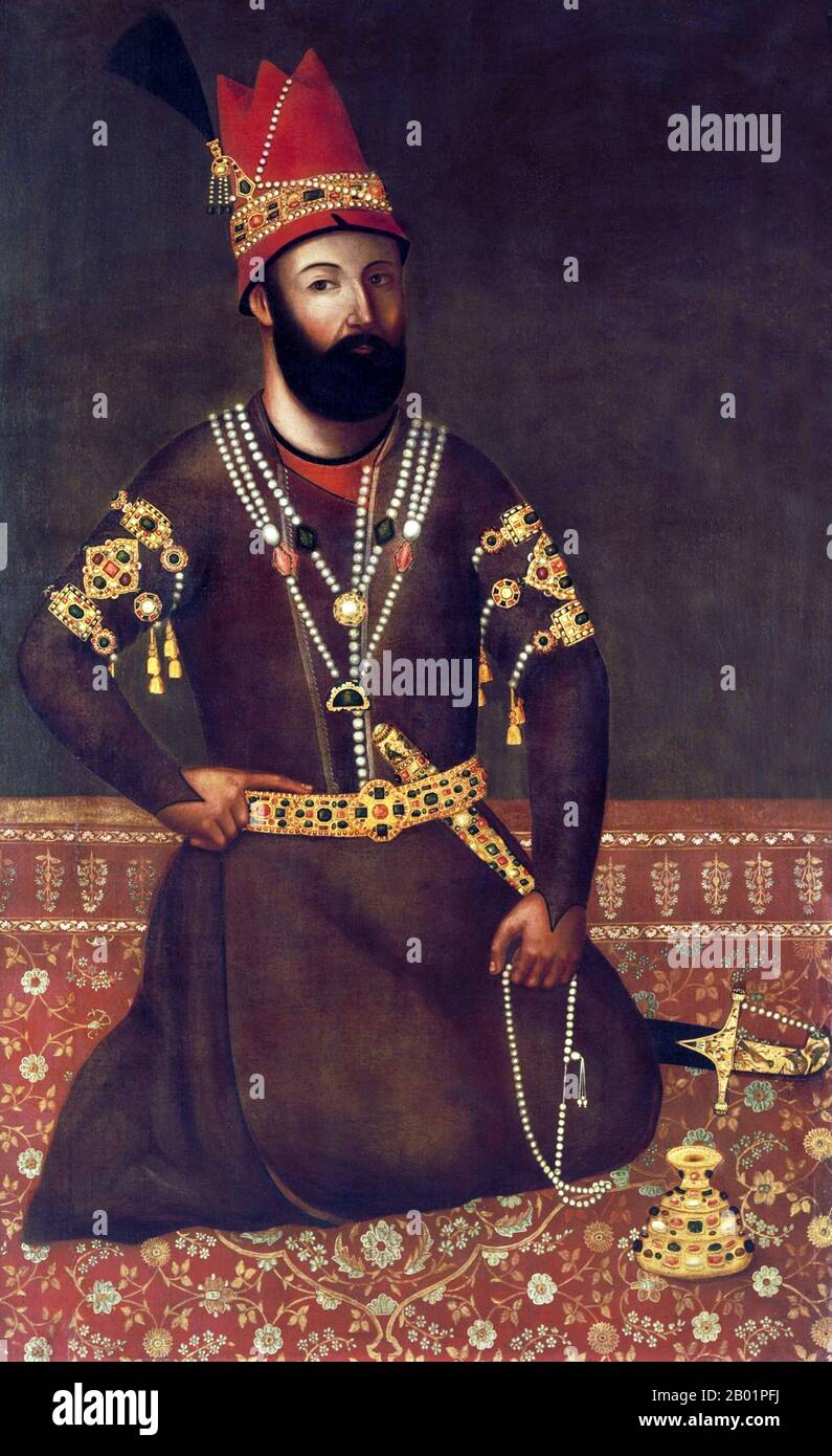 Iran/Persia: Nader Shah Afshar (6 August 1698 - 19 June 1747), Shah of Iran. Oil on canvas painting, c. 1780s-1790s.  Nāder Shāh Afshār, also known as Nāder Qoli Beg or Tahmāsp Qoli Khān, ruled as Shah of Iran (r. 1736-1747) and was the founder of the Afsharid dynasty. Because of his military genius, some historians have described him as the Napoleon of Persia or the Second Alexander. Nader Shah was a member of the Turkic Afshar tribe of northern Persia, which had supplied military power to the Safavid state since the time of Shah Ismail I. Stock Photo