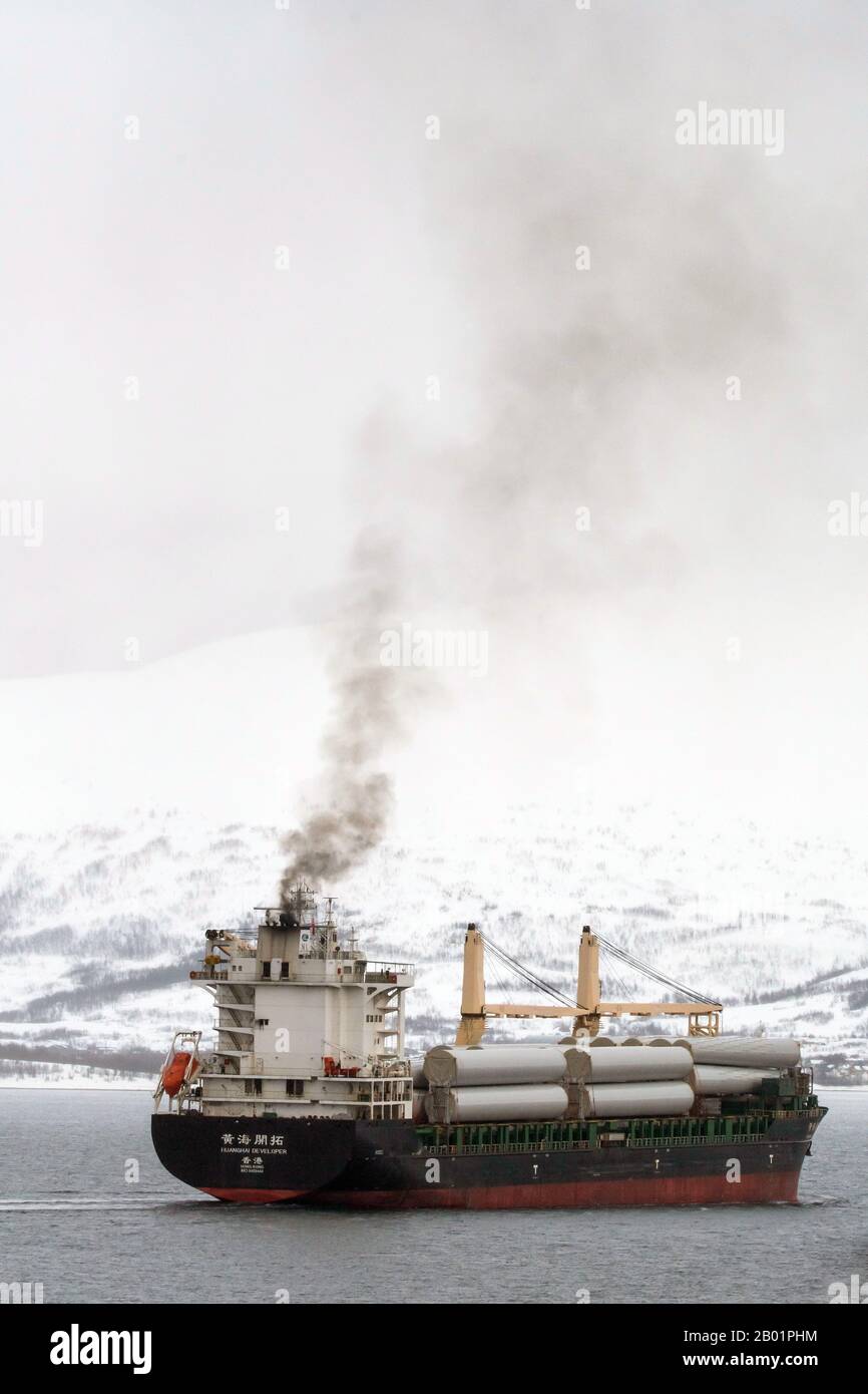 freighter with exhaust, Norway, Troms, Sandnessund Stock Photo