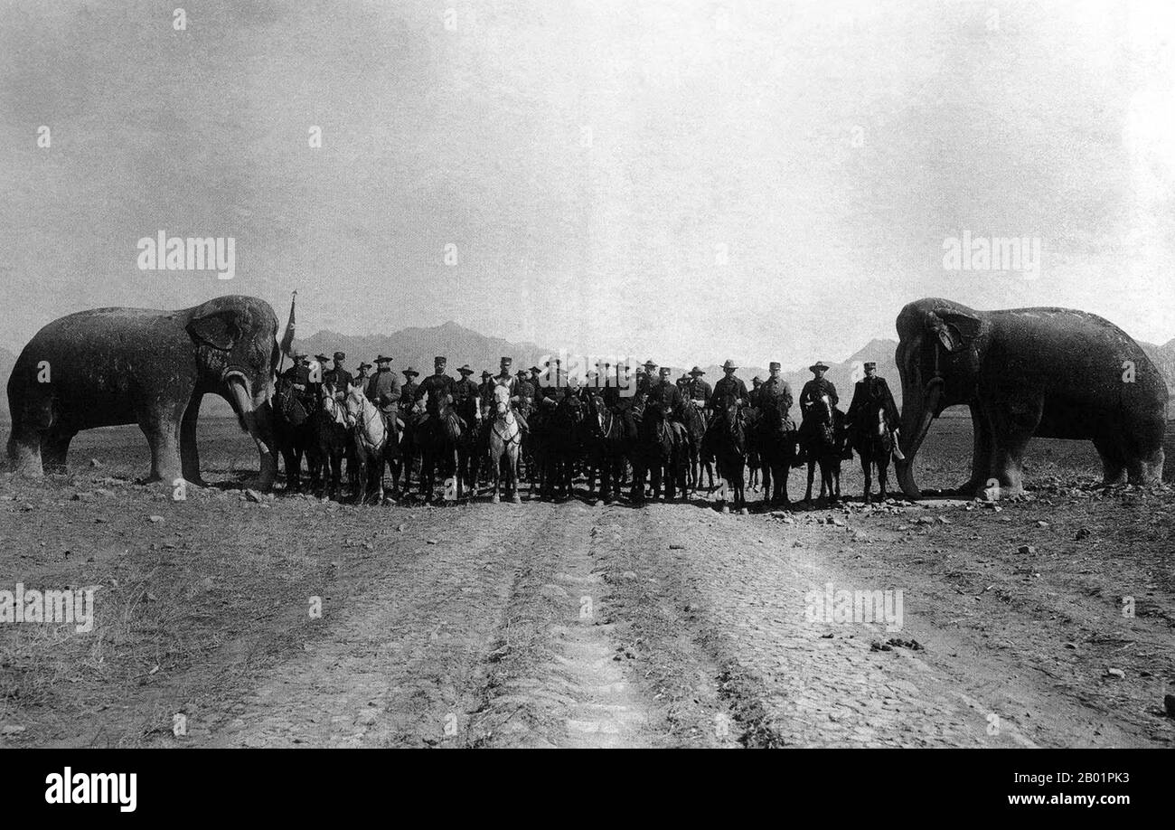 China/USA: Elements of the US 6th Cavalry at the Ming Tombs outside Beijing. Boxer Rebellion, c. 1901.  The Boxer Rebellion, also known as Boxer Uprising or Yihetuan Movement, was a proto-nationalist movement by the 'Righteous Harmony Society' in China between 1898 and 1901, opposing foreign imperialism and Christianity.  The uprising took place in response to foreign 'spheres of influence' in China, with grievances ranging from opium traders, political invasion, economic manipulation, to missionary evangelism. In China, popular sentiment remained resistant to foreign influences. Stock Photo