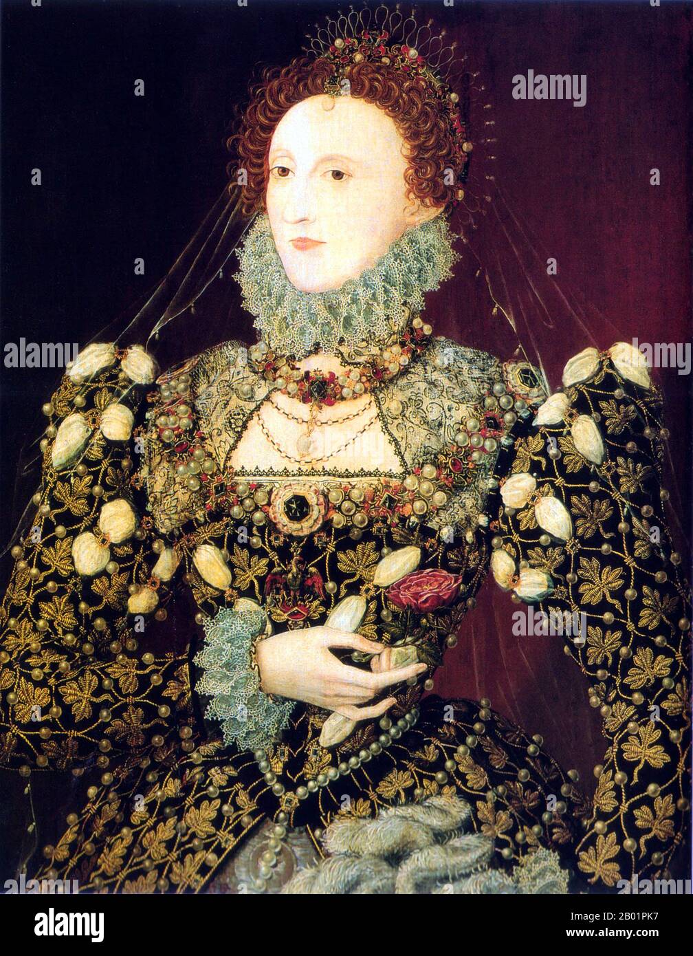 England: Queen Elizabeth I (7 September 1533 - 24 March 1603), represented in the 'Phoenix' portrait. Oil on panel painting attributed to Nicholas Hilliard, (c. 1547 - 7 January 1619) c. 1575.  Elizabeth I was Queen regnant of England and Queen regnant of Ireland from 17 November 1558 until her death. Sometimes called The Virgin Queen, Gloriana, or Good Queen Bess, Elizabeth was the fifth and last monarch of the Tudor dynasty. Elizabeth I's foreign policy with regard to Asia, Africa and Latin America demonstrated a new understanding of the role of England as a maritime, Protestant power. Stock Photo