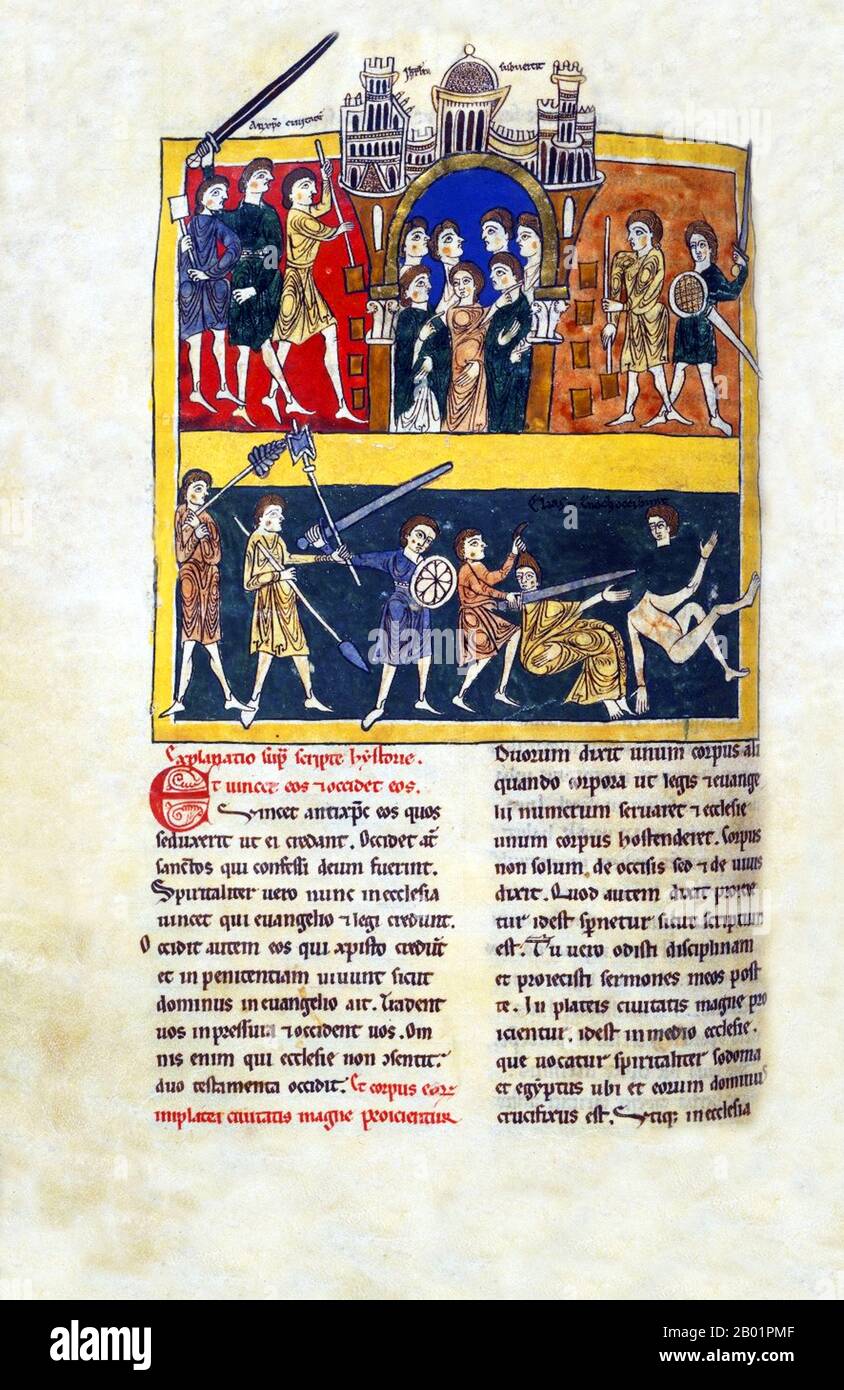 Spain: Jerusalem. From a 12th century version of 'The Commentary on the Apocalypse' by Beatus of Liébana.  Commentary on the Apocalypse (Commentaria In Apocalypsin) was originally an eighth century work by the Spanish monk and theologian Beatus of Liébana. Today, it refers to any of the extant manuscript copies of this work, especially any of the 26 illuminated copies that have survived. It is often referred to simply as the Beatus. The historical significance of the Commentary is made even more pronounced since it included a world map. Stock Photo