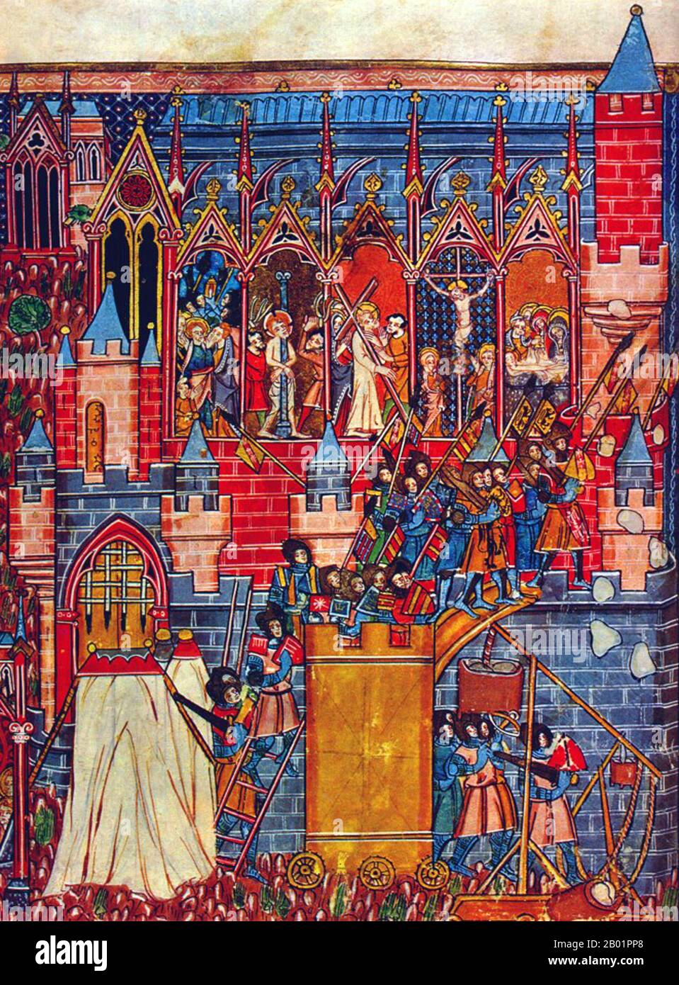 Palestine: The Siege of Jerusalem during the First Crusade (7 June - 15 July 1099). Miniature painting by Guillaume de Tyr/William of Tyre (1130 - 29 September 1186) from a copy of the Histoire d'Outremer, c. 13th century.  The Siege of Jerusalem took place from June 7 to July 15, 1099 during the First Crusade. The Crusaders stormed and captured the city from Fatimid Egypt.  Throughout the siege, attacks were made on the walls, but each one was repulsed. The Genoese troops, led by commander Guglielmo Embriaco, had previously dismantled their ships and used the wood to make siege towers. Stock Photo