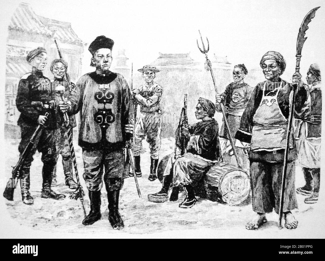 China/Germany: Boxer soldiers at Beijing, 1899-1901. Illustration from the Leipzig Illustrated Newspaper, 1900.  The Boxer Rebellion, also known as Boxer Uprising or Yihetuan Movement, was a proto-nationalist movement by the Righteous Harmony Society in China between 1898 and 1901, opposing foreign imperialism and Christianity.  The uprising took place in response to foreign spheres of influence in China, with grievances ranging from opium traders, political invasion, economic manipulation, to missionary evangelism. In China, popular sentiment remained resistant to foreign influences. Stock Photo