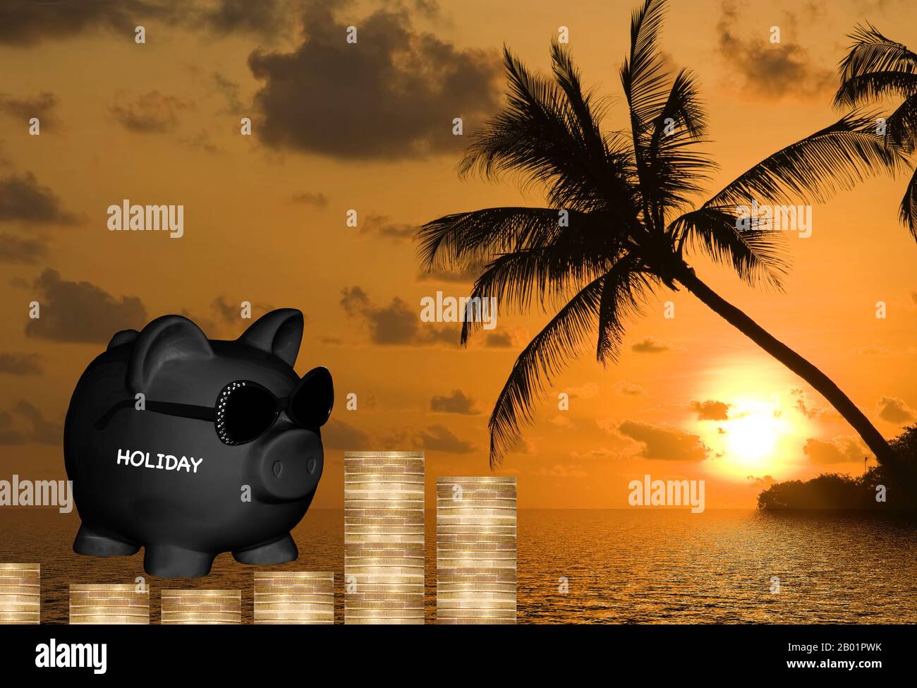 black piggy bank with sunglasses and lettering Holiday, palm beach at sunset in background, composing Stock Photo