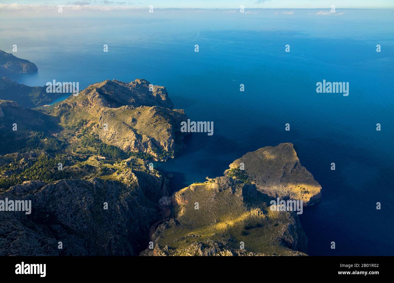Halbinsel at Sa Calobra with Coll des Bancalet and Morro de sa Vaca, 09.01.2020, Luftbild, Spain, Balearic Islands, Majorca, Sa Calobra Stock Photo