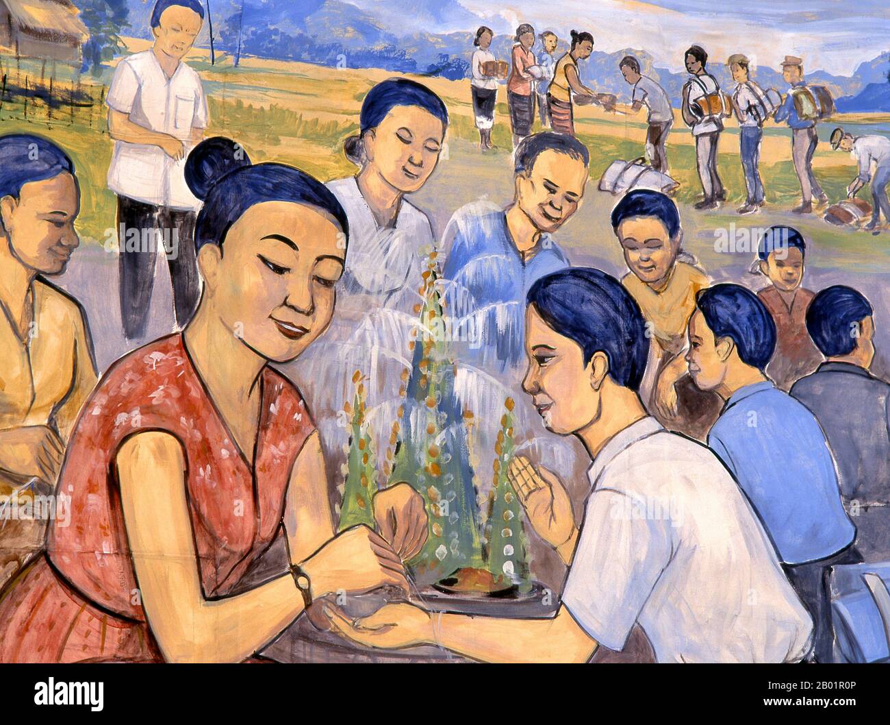 Laos: A Socialist realist-style poster showing a religious ceremony, Vientiane.  Socialist realism is a style of realistic art which was developed in the Soviet Union and became a dominant style in other communist countries. Socialist realism is a teleologically-oriented style having its purpose the furtherance of the goals of socialism and communism. Although related, it should not be confused with social realism, a type of art that realistically depicts subjects of social concern. Unlike social realism, socialist realism often glorifies the roles of the poor. Stock Photo