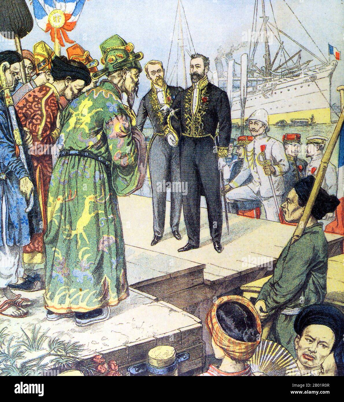 France/Vietnam: The arrival in Saigon of French Governor-General Paul Beau (1857-1927). Engraving by Charles Georges Dufresne (1876-1938) from Le Petit Journal, November 1902.  Jean Baptiste Paul Beau was Governor-General of French Indochina from October 1902 to February 1908.  Conquered by France in 1859, Saigon was influenced by the French during their colonial occupation of Vietnam, and a number of classical Western-style buildings and French villas in the city reflect this. Saigon had, in 1929, a population of 123,890, including 12,100 French. Stock Photo