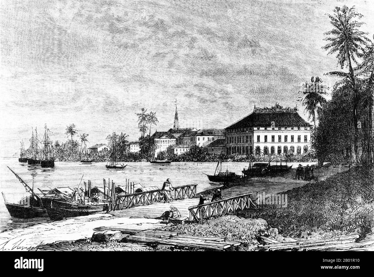 Vietnam: The port of  Saigon. Engraving by V. A. Malt-Brown from 'La France Illustree', 1884.  French Indochina was part of the French colonial empire in Southeast Asia. A federation of the three Vietnamese regions, Tonkin (North), Annam (Central), and Cochinchina (South), as well as Cambodia, was formed in 1887. Stock Photo