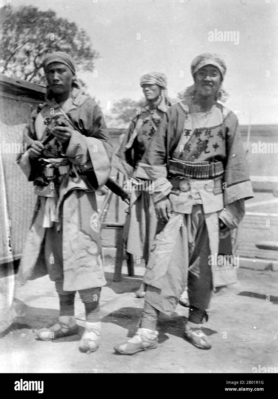 China: Chinese Muslim troops from Gansu serving under General Dong Fuxiang of the Qing Imperial Army; they were also known as the 'Kansu Braves', Beijing, 1900.  The Boxer Rebellion, also known as Boxer Uprising or Yihetuan Movement, was a proto-nationalist movement by the Righteous Harmony Society in China between 1898 and 1901, opposing foreign imperialism and Christianity.  The uprising took place in response to foreign spheres of influence in China, with grievances ranging from opium traders, political invasion, economic manipulation, to missionary evangelism. Stock Photo