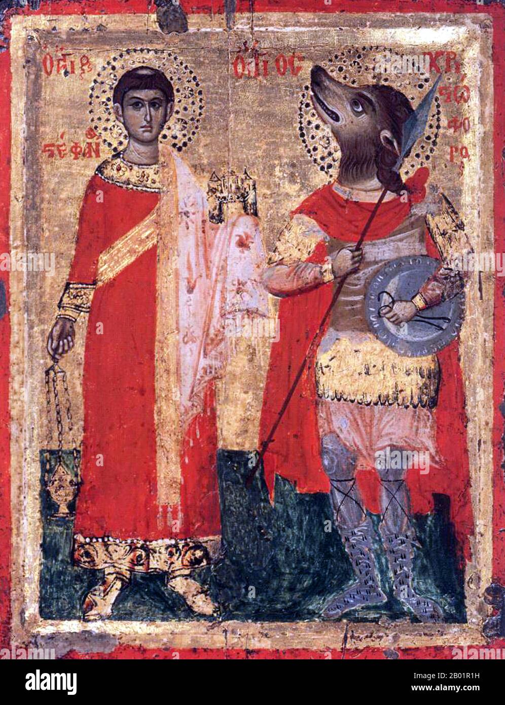 Greece/Byzantium: Traditional icon of St Stephen and St Christopher, the latter represented with a dog's head. Egg tempera on oak panel, c. 1700.  In Eastern Orthodox icons, Saint Christopher is often represented with the head of a dog. Stock Photo