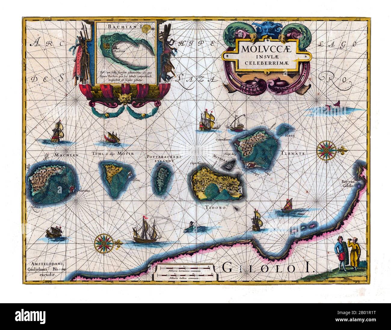 Indonesia/Netherlands: Probably the first published map of the Maluku Islands. Copper engraving by Jodocus Hondius (17 October 1563 - 12 February 1612) and found in 'Atlas Appendix' by Willem Blaeu (1571 -21 October 1638), 1630.  The Maluku Islands (also known as the Moluccas, Moluccan Islands and the Spice Islands) are an archipelago that is part of Indonesia, and part of the larger Maritime Southeast Asia region. Tectonically they are located on the Halmahera Plate within the Molucca Sea Collision Zone. Geographically they are located east of Sulawesi (Celebes) and west of New Guinea. Stock Photo
