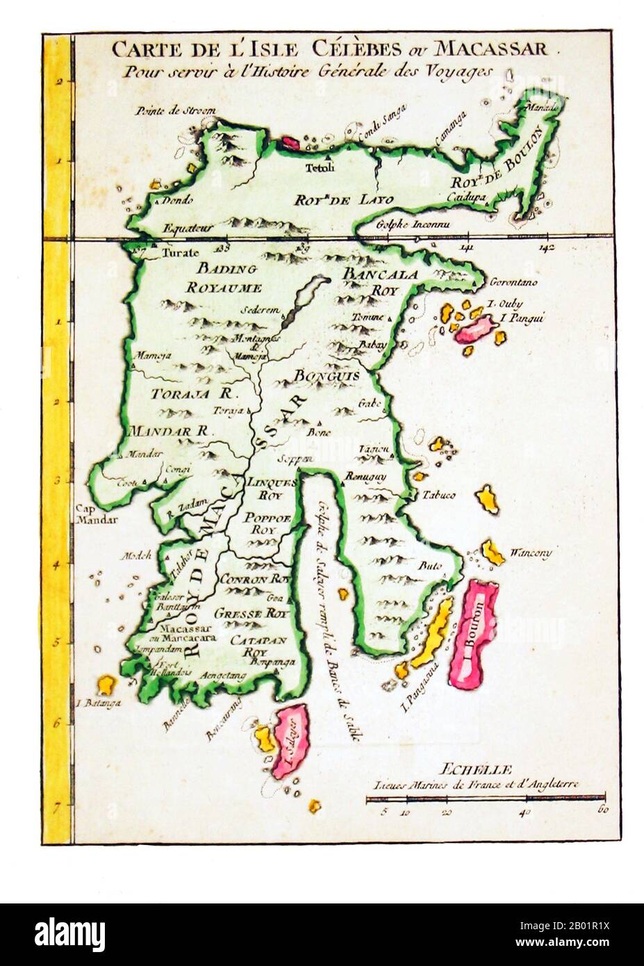 Indonesia/Netherlands: Early map of Sulawesi (the Celebes). Engraving on paper by Jakob van der Schley (26 July 1715 - 12 February 1779) and Pieter de Hondt (May 1696 - 27 March 1764), c. 1757.  Sulawesi (formerly known as Celebes) is one of the four larger Sunda Islands of Indonesia and is situated between Borneo and the Maluku Islands. In Indonesia, only Sumatra, Borneo, and Papua are larger in territory, and only Java and Sumatra have larger Indonesian populations. Stock Photo
