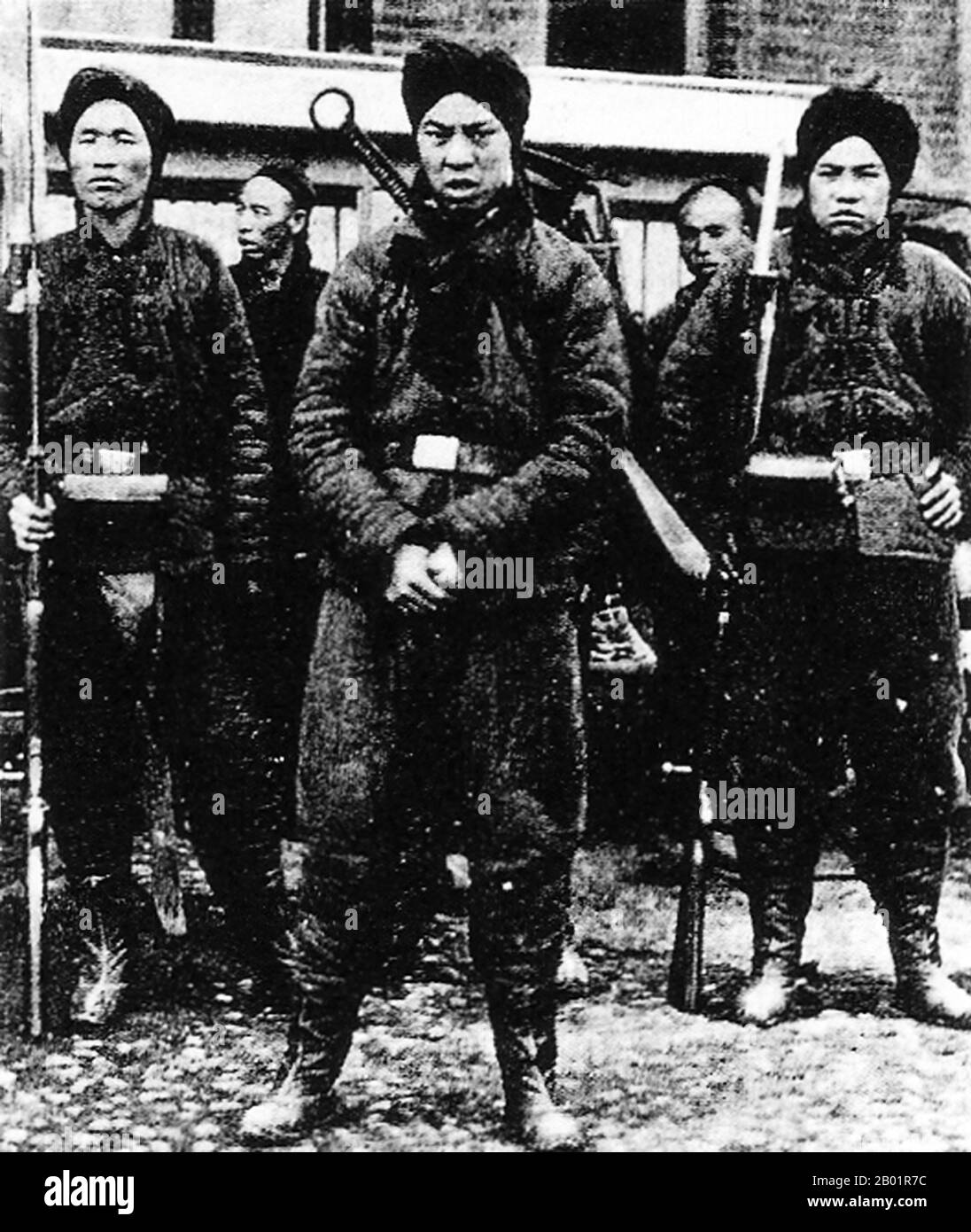 China: Boxer soldiers in Beijing, 1899-1900.  The Boxer Rebellion, also known as Boxer Uprising or Yihetuan Movement, was a proto-nationalist movement by the Righteous Harmony Society in China between 1898 and 1901, opposing foreign imperialism and Christianity.  The uprising took place in response to foreign spheres of influence in China, with grievances ranging from opium traders, political invasion, economic manipulation, to missionary evangelism. In China, popular sentiment remained resistant to foreign influences, and anger rose over the 'unequal treaties'. Stock Photo