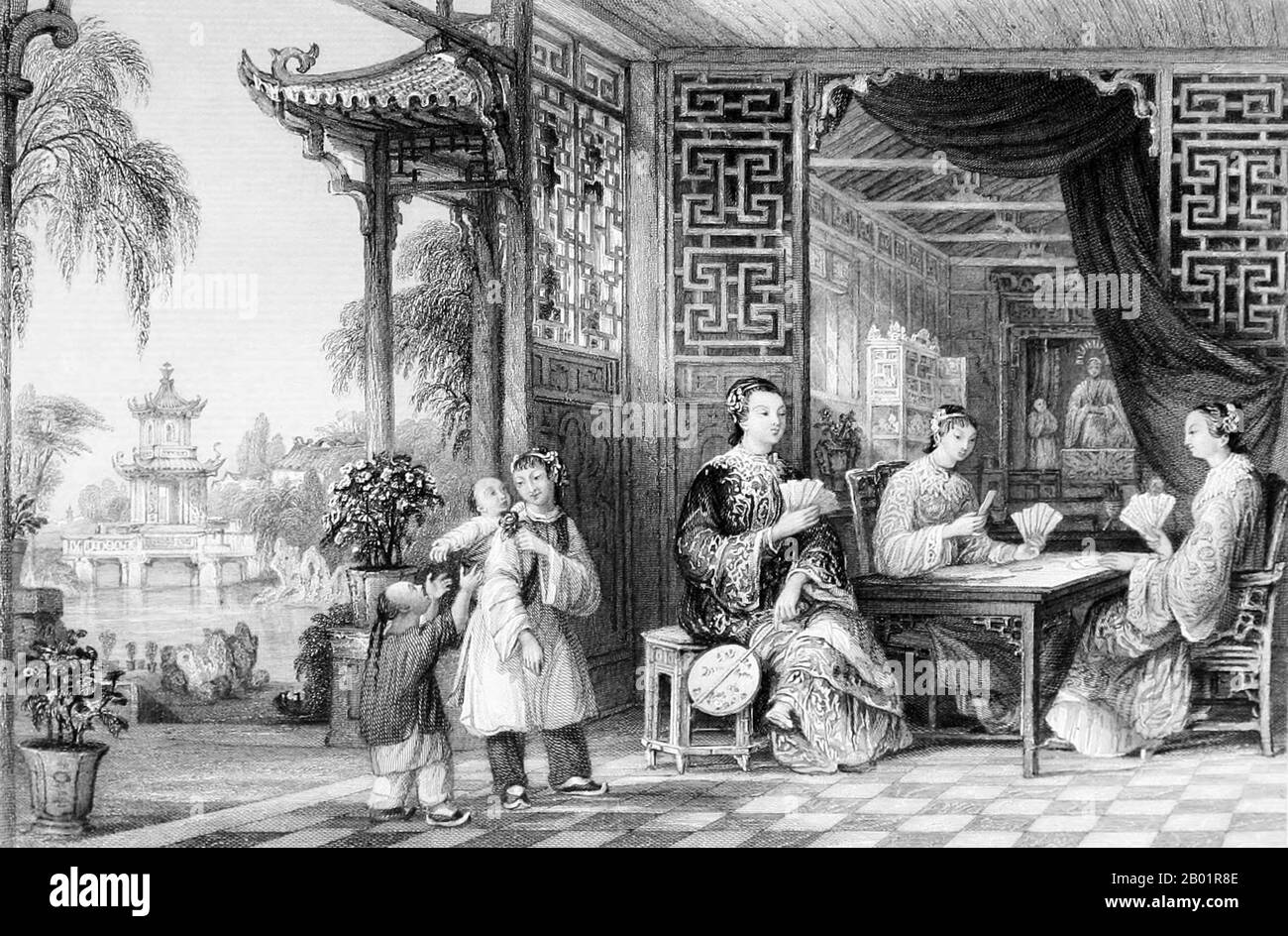 China: 'Ladies of a Mandarin's Family Playing Cards'. Engraving by Thomas Allom (13 March 1804 - 21 October 1872), c. 1843.  Thomas Allom was an English architect, artist, and topographical illustrator. He was a founding member of what became the Royal Institute of British Architects (RIBA).  He designed many buildings in London, including the Church of St Peter's and parts of the elegant Ladbroke Estate in Notting Hill. He also worked with Sir Charles Barry on numerous projects, most notably the Houses of Parliament, and is also known for his numerous topographical works. Stock Photo