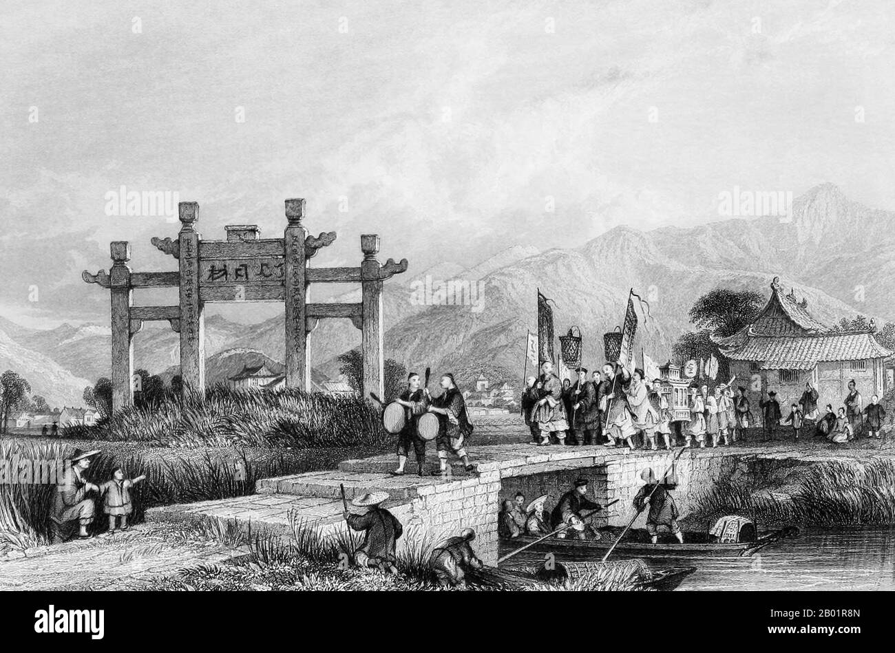 China/United Kingdom: 'Scene in the Suburbs of Ting Hae'. Engraving by Thomas Allom (13 March 1804 - 21 October 1872), 1843.  Thomas Allom was an English architect, artist, and topographical illustrator. He was a founding member of what became the Royal Institute of British Architects (RIBA).  He designed many buildings in London, including the Church of St Peter's and parts of the elegant Ladbroke Estate in Notting Hill. He also worked with Sir Charles Barry on numerous projects, most notably the Houses of Parliament, and is also known for his numerous topographical works. Stock Photo