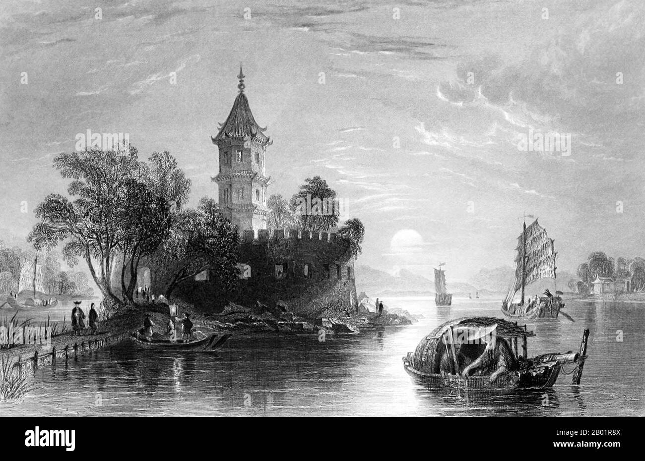 China/United Kingdom: 'The Tai-wang-kow, or Yellow Pagoda Fort, Canton River'. Engraving by Thomas Allom (13 March 1804 - 21 October 1872), 1841.  The First Anglo-Chinese War (1839-1842), known popularly as the First Opium War or simply the Opium War, was fought between the United Kingdom and the Qing Dynasty of China over their conflicting viewpoints on diplomatic relations, trade and the administration of justice.  Chinese officials wished to stop what was perceived as an outflow of silver and to control the spread of opium, and confiscated supplies of opium from British traders. Stock Photo